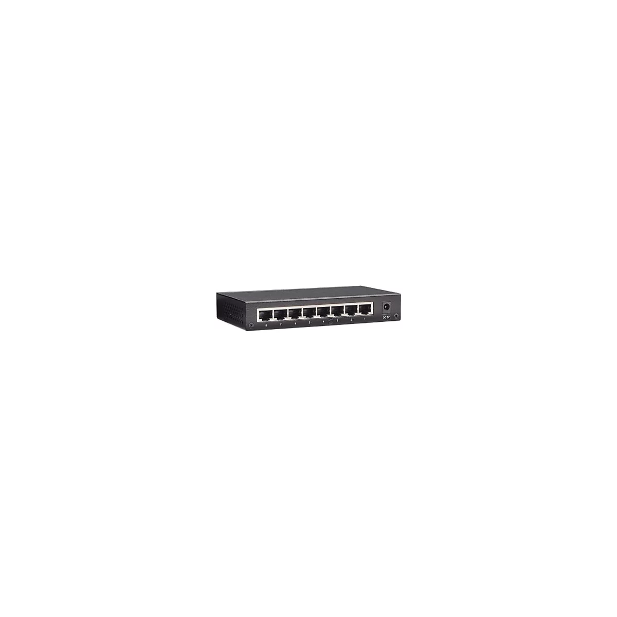 Schwarzer 8-Port Netzwerk-Switch aus Metall vor weißem Hintergrund.