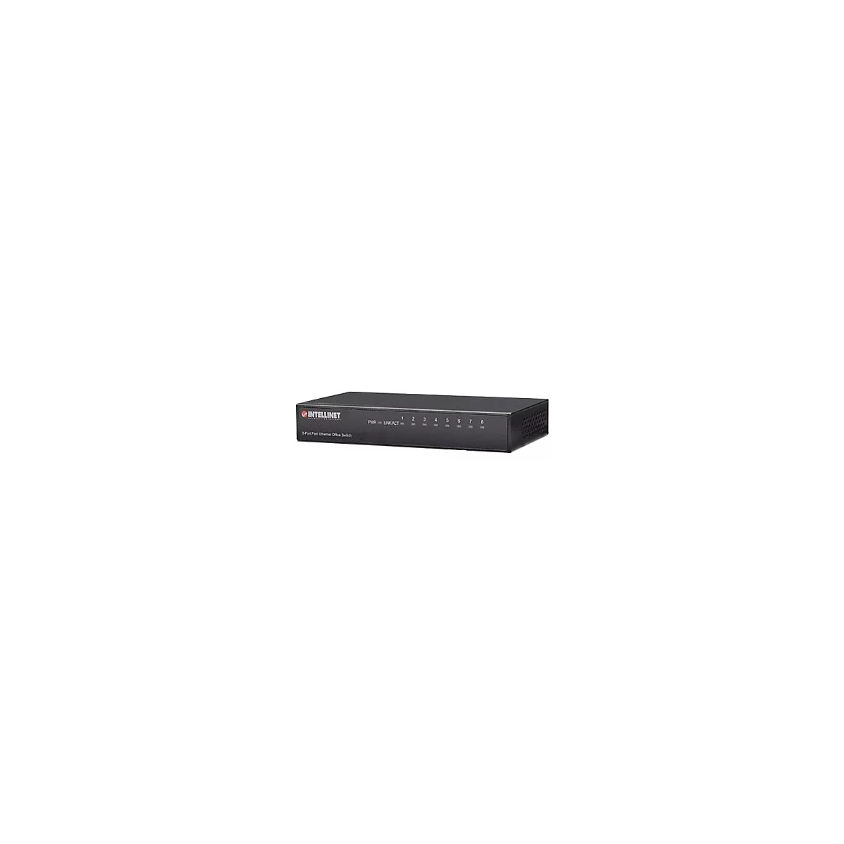 Schwarzer 8-Port Fast Ethernet Office Switch von Intellinet vor weißem Hintergrund.