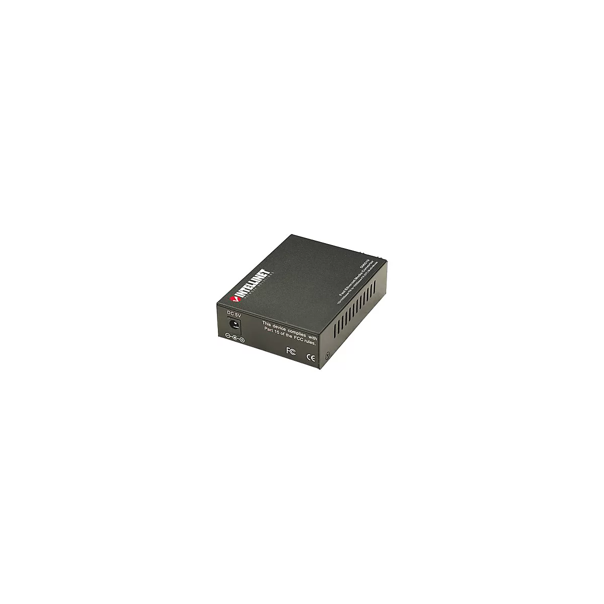 Schwarzer Intellinet Fast Ethernet Medienkonverter auf weißem Hintergrund.