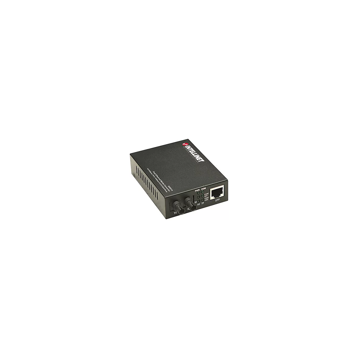 Schwarzer Intellinet Fast Ethernet Media Converter mit ST-Glasfaseranschlüssen und RJ45-Port auf weißem Grund.