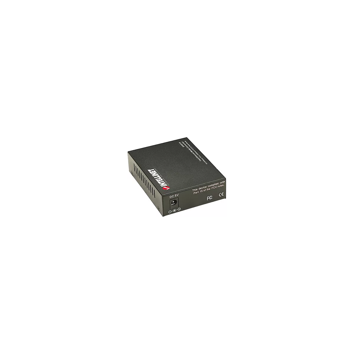 Ein schwarzer Ethernet-Medienkonverter von Intellinet, DC 5V, FCC-konform.