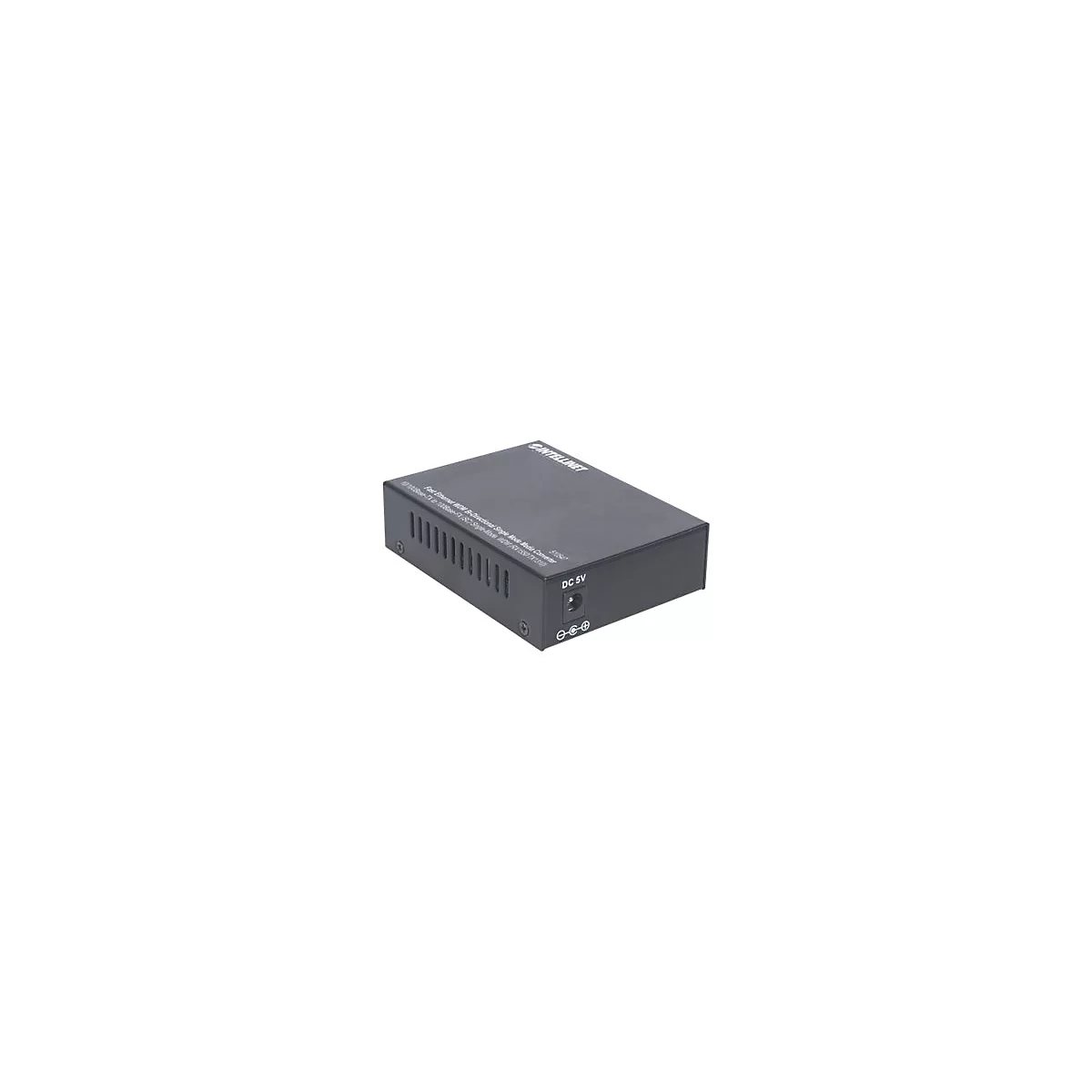 Schwarzer Fast Ethernet WDM Medienkonverter von Intellinet auf weißem Hintergrund.