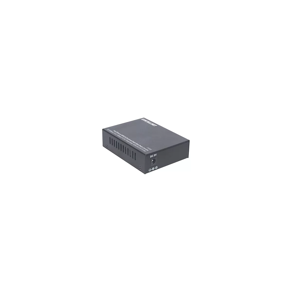 Schwarzer Intellinet Fast Ethernet WDM Media Converter mit Stromanschluss und seitlichen Lüftungsschlitzen.