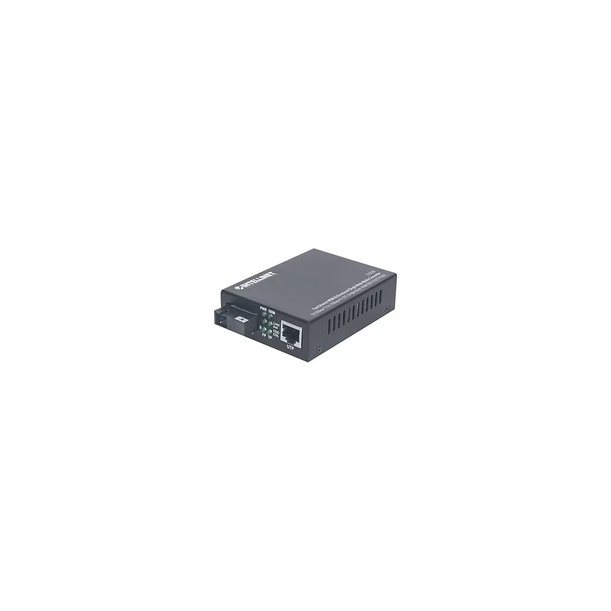 Schwarzer Intellinet Media Converter mit LAN- und Glasfaseranschluss sowie Status-LEDs auf weißem Hintergrund.
