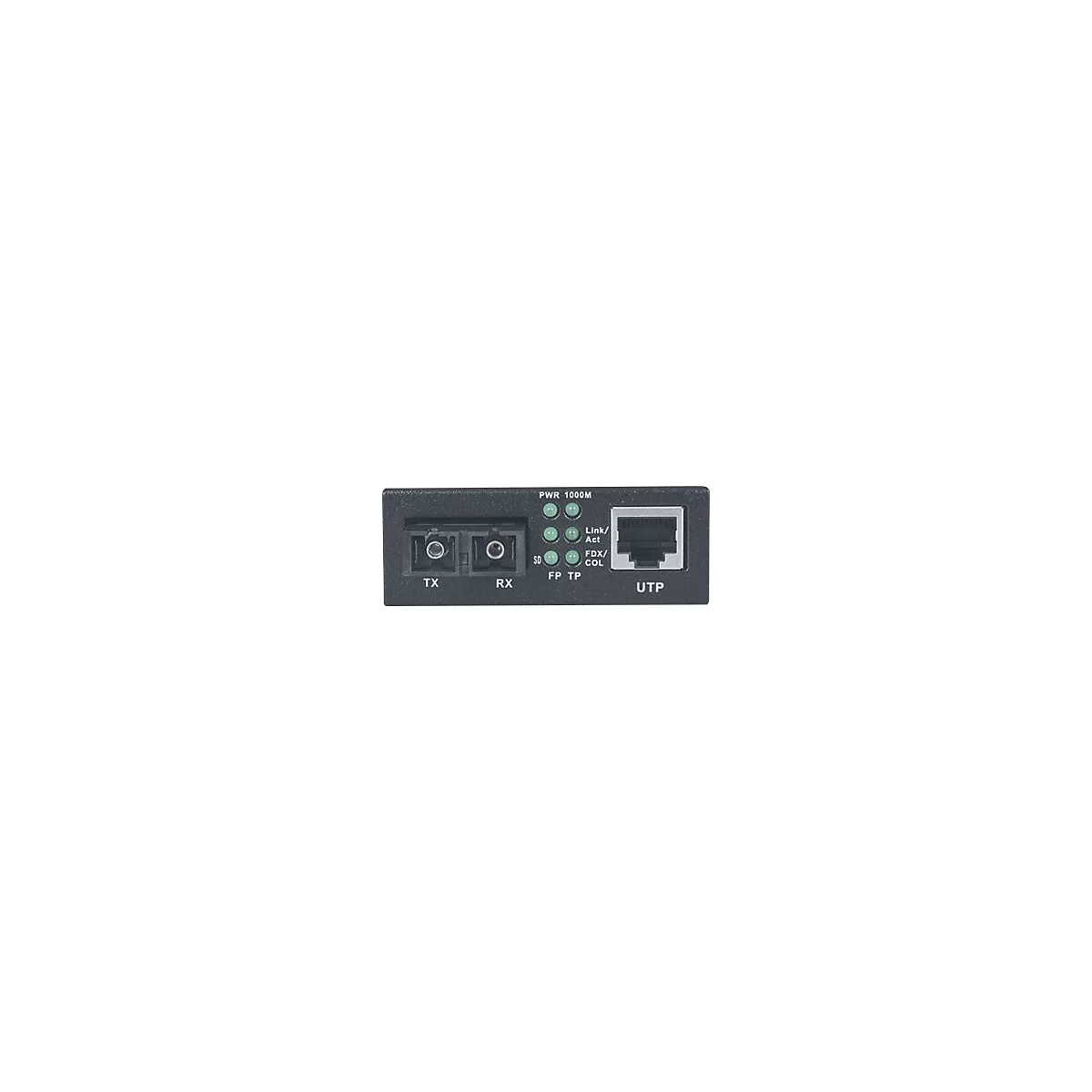 Schwarzer Glasfaser-Medienkonverter mit optischen TX/RX-Anschlüssen, Status-LEDs und einem RJ45-UTP-Port.