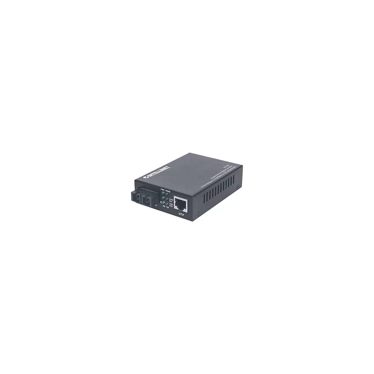 Schwarzer Intellinet Gigabit Ethernet Medienkonverter in der Schrägansicht vor weißem Hintergrund.