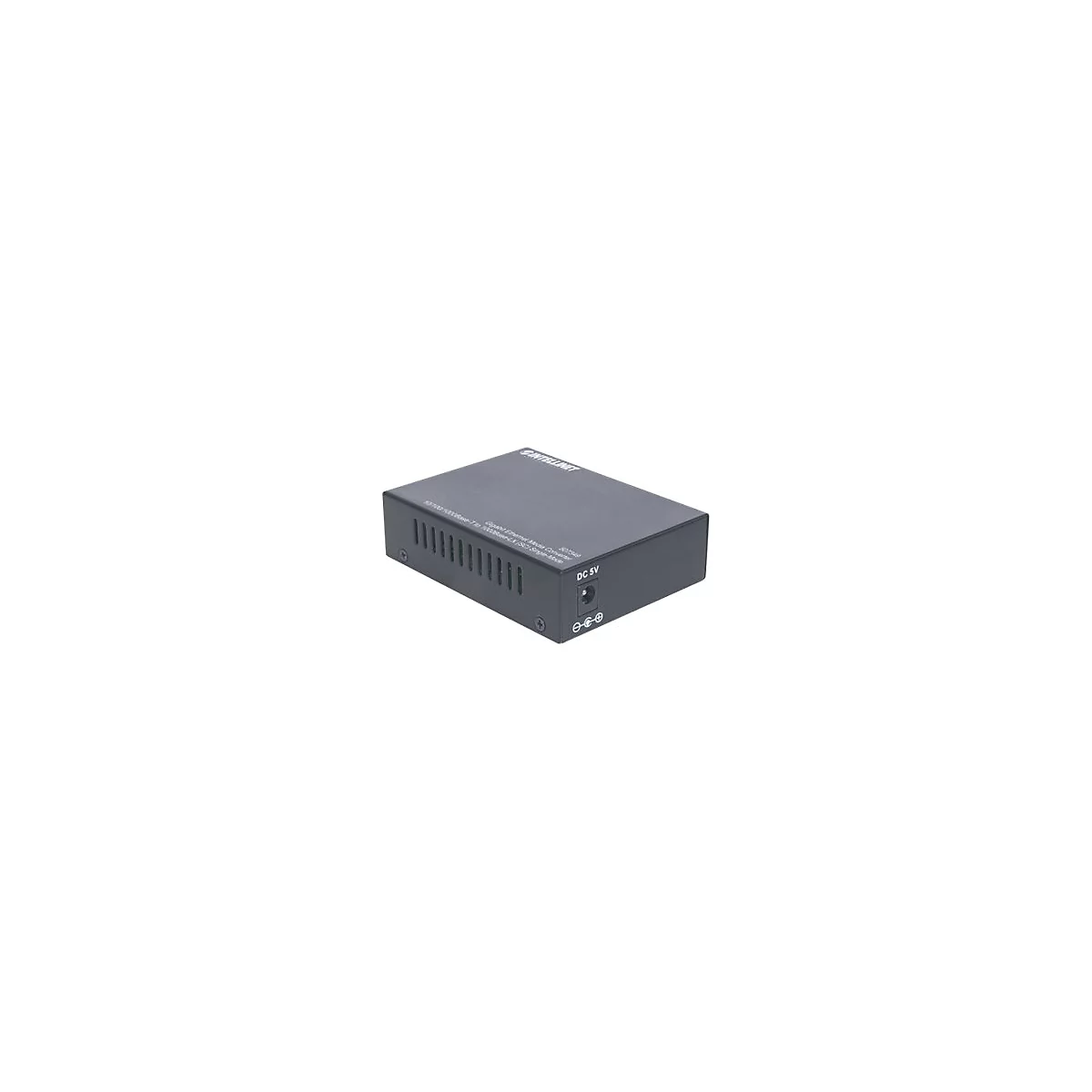 Schwarzer Intellinet Gigabit Ethernet Medienkonverter mit DC 5V Anschluss auf weißem Hintergrund.
