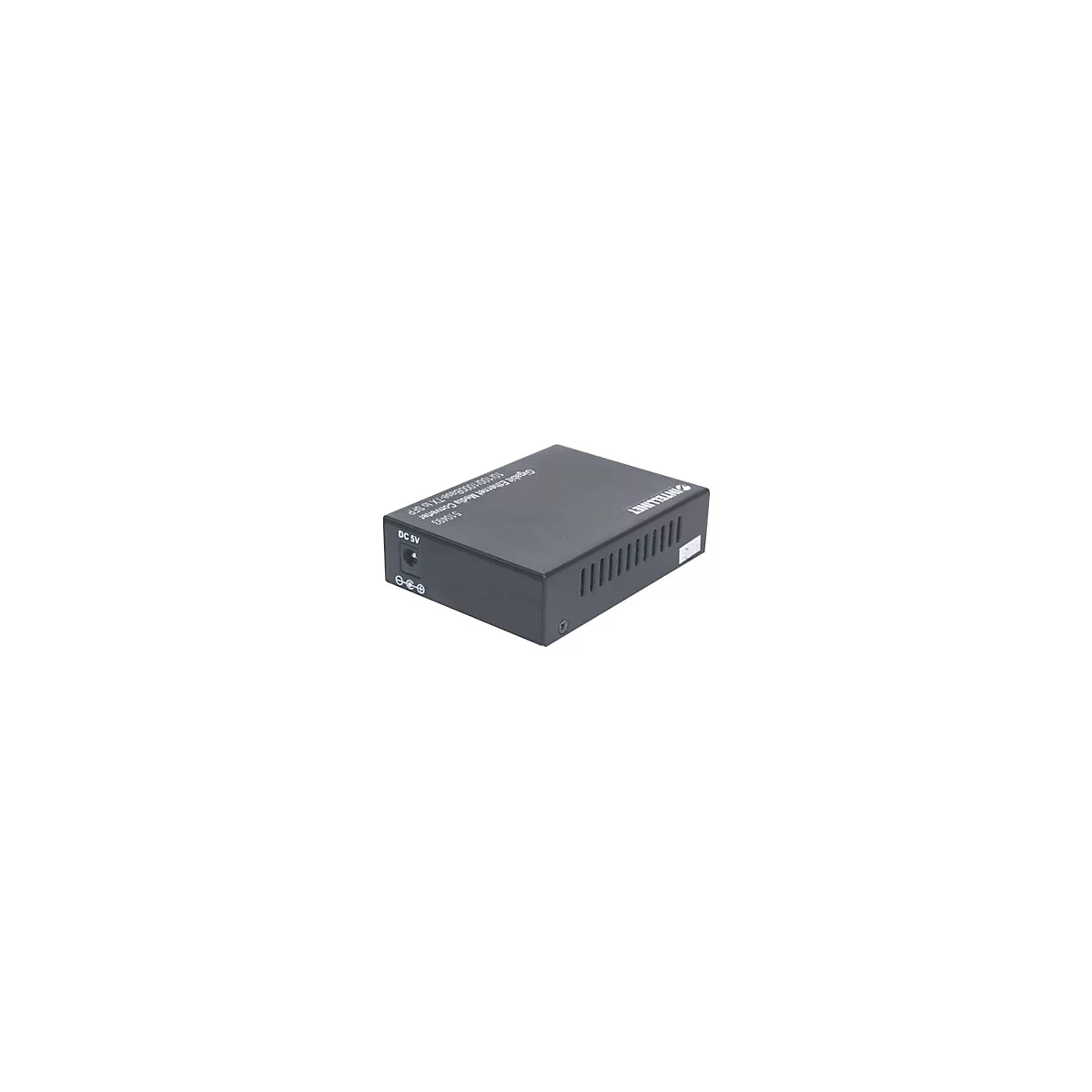 Schwarzer Intellinet Gigabit Ethernet Medienkonverter auf weißem Hintergrund.