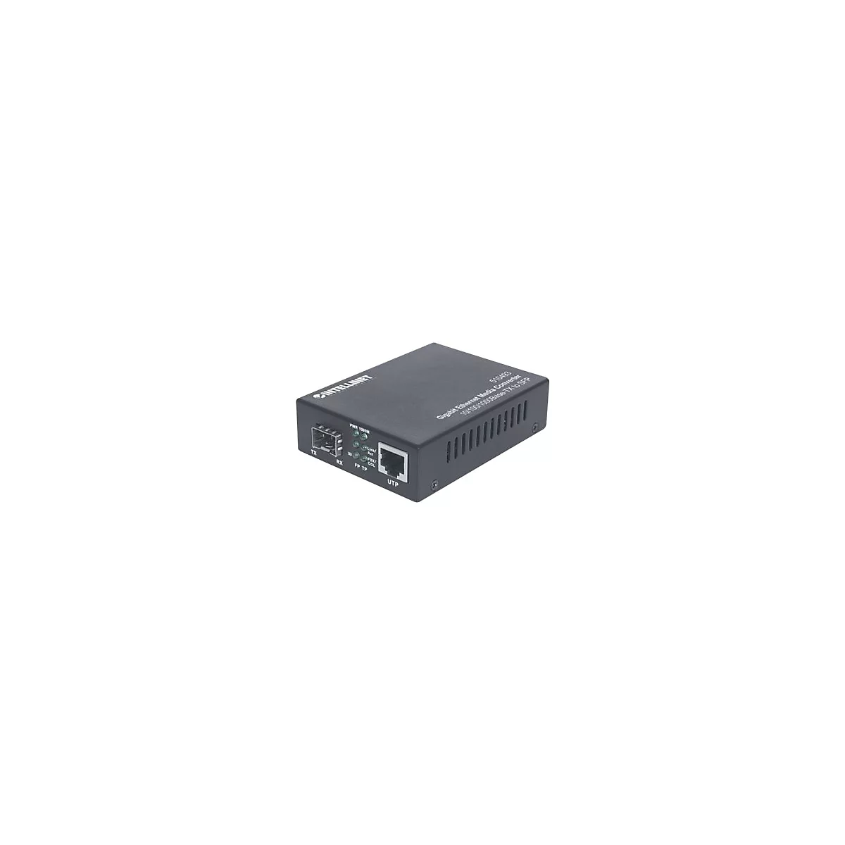 Schwarzer Intellinet Gigabit Ethernet Medienkonverter mit SFP- und UTP-Anschluss.