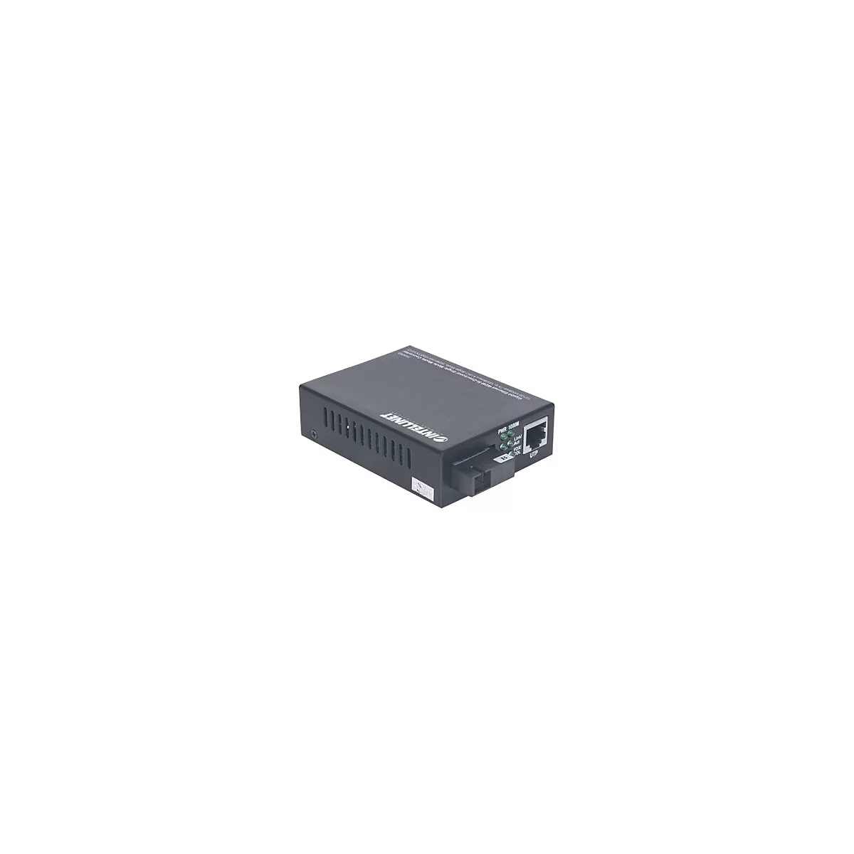 Schwarzer Intellinet Gigabit Ethernet Medienkonverter mit UTP-Anschluss und Glasfaser-Port vor weißem Hintergrund.