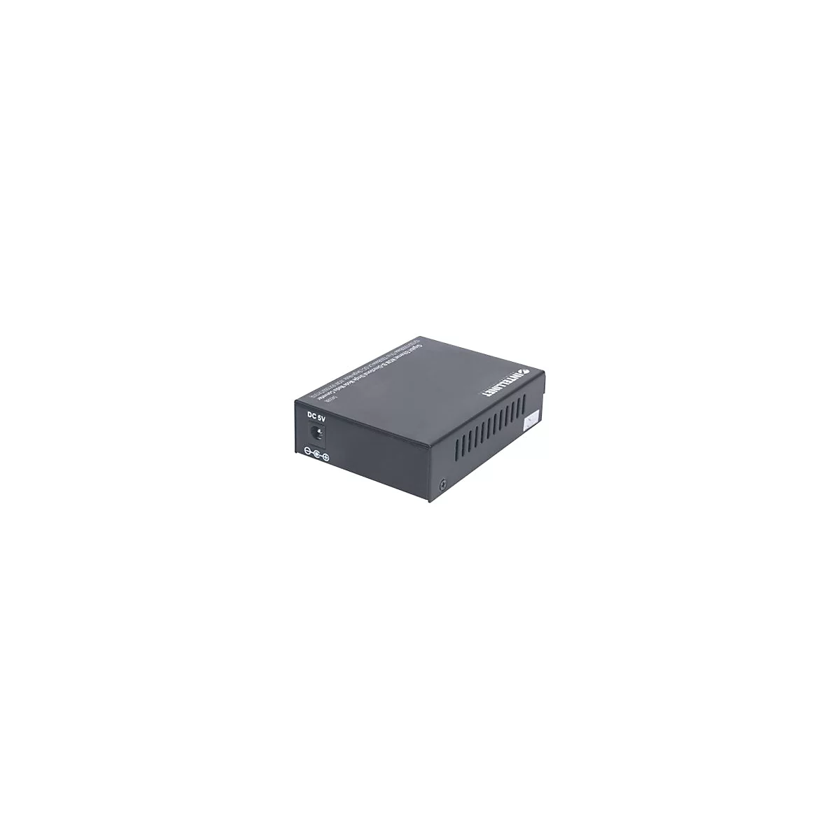 Schwarzer Intellinet Gigabit Ethernet Medienkonverter mit DC 5V Anschluss auf weißem Hintergrund.