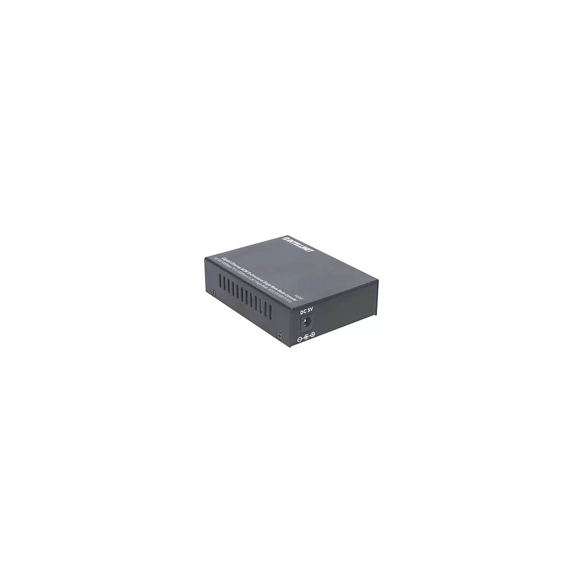 Schwarzer Gigabit Ethernet Medienkonverter von Intellinet mit DC 5V Stromanschluss auf weißem Hintergrund.