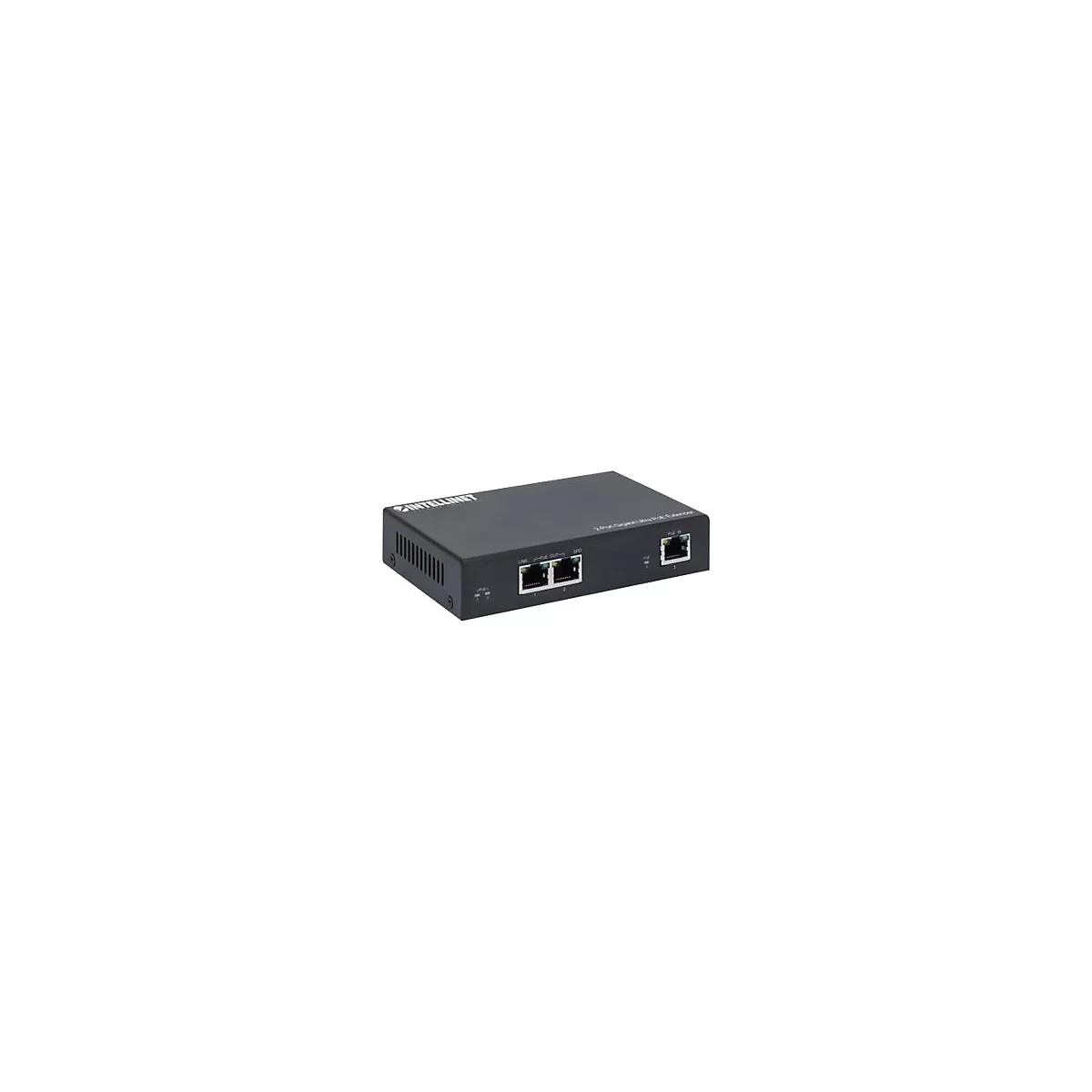 Schwarzer Netzwerk-Extender mit drei RJ45-Ports und der Aufschrift Intellinet.