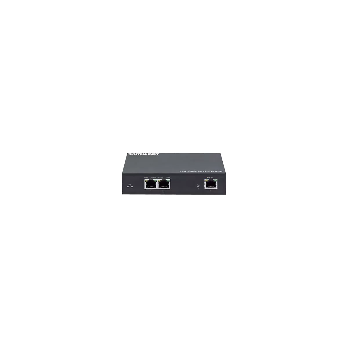 Schwarzer Netzwerk-Extender mit AnschlÃ¼ssen fÃ¼r Kabel. Beschriftung: Intelleinet, 2-Port Gigabit Ultra PoE Extender. AnschlÃ¼sse mit LINK, POE OUT und POE IN.