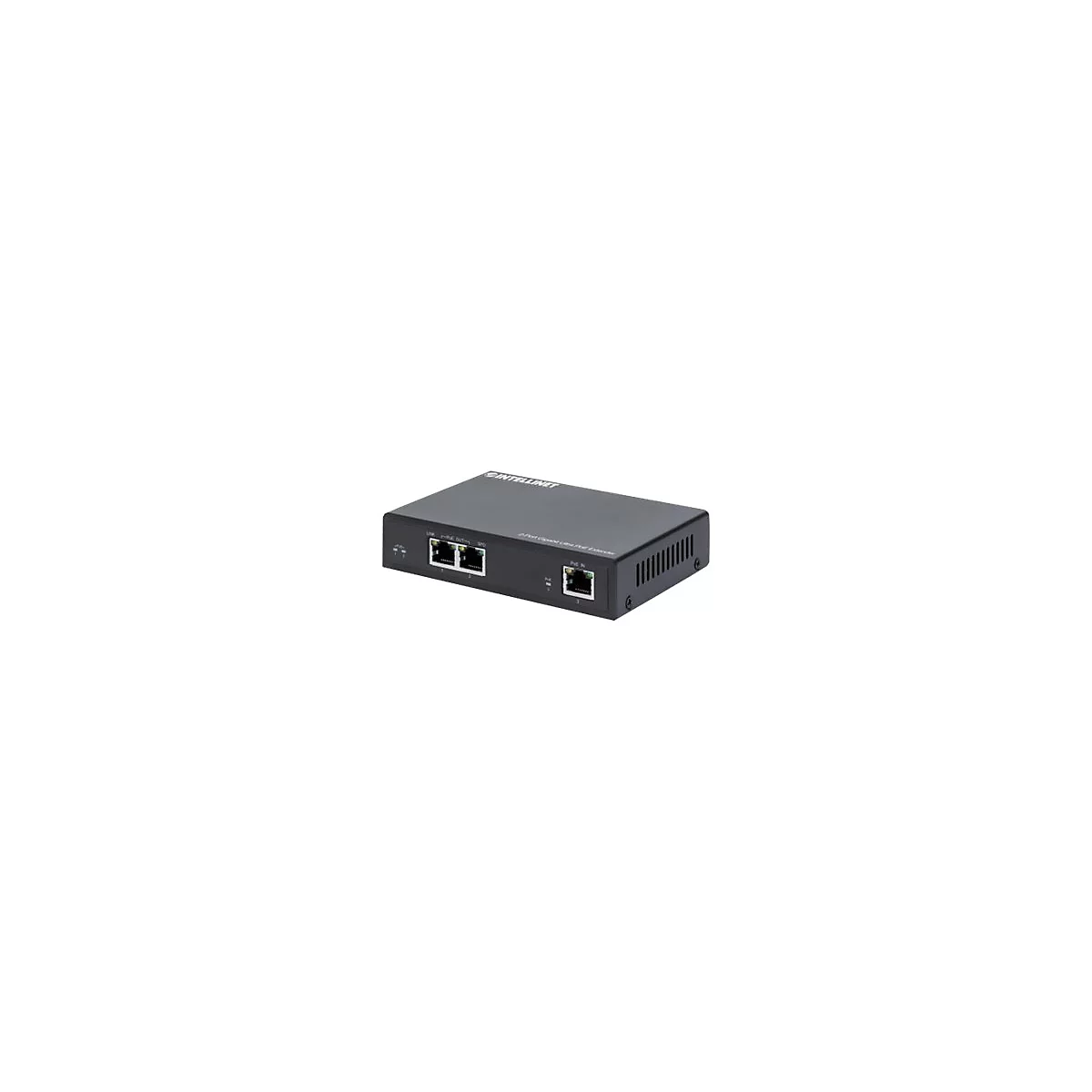 Ein schwarzer Gigabit Ultra PoE Extender mit AnschlÃ¼ssen und dem Schriftzug INTELLINIT.