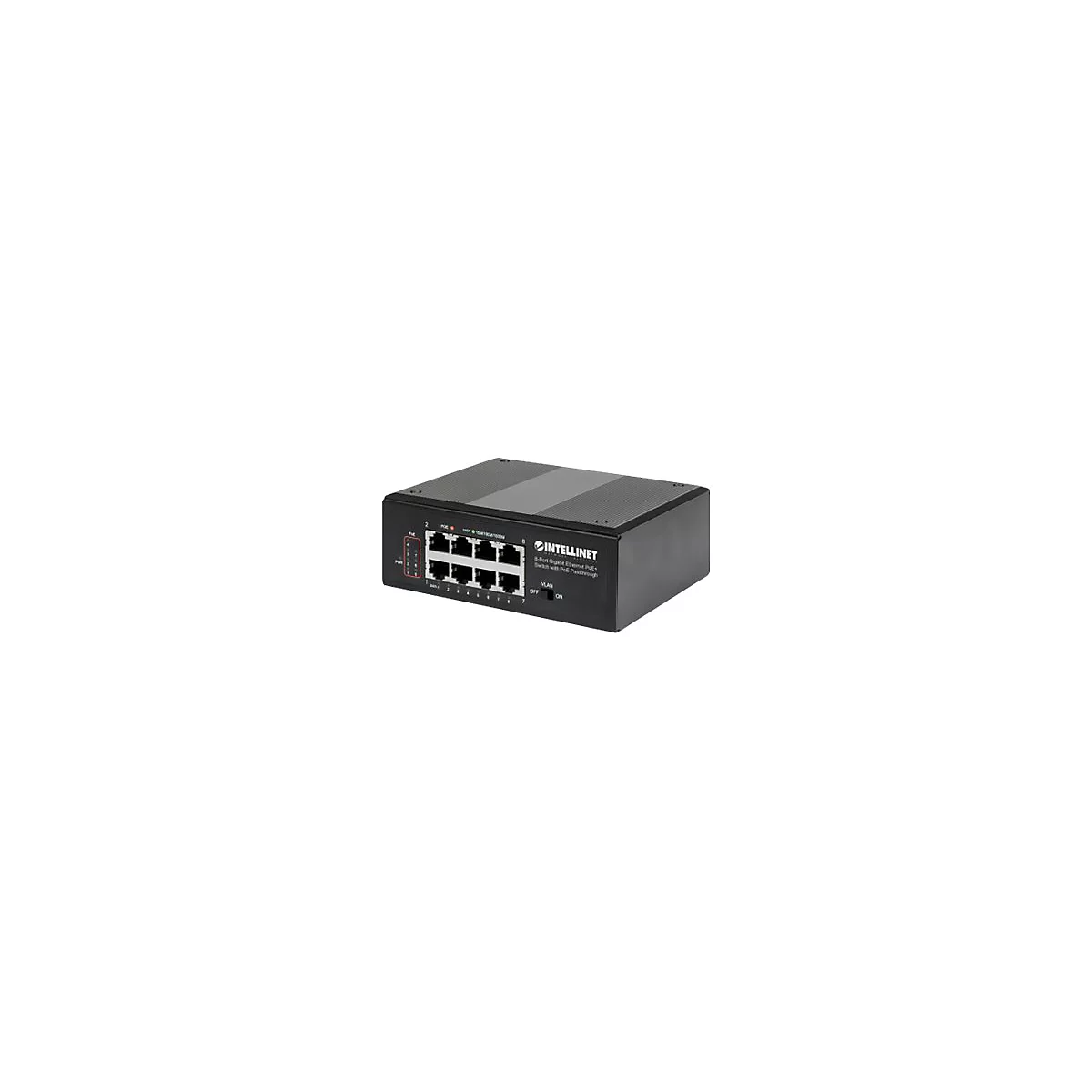 Schwarzer 8-Port-Gigabit-Ethernet-Switch mit PoE Passthrough. Oben und unten dunkelgraue Streifen. AnschlÃ¼sse fÃ¼r LAN-Kabel. Intellinet-Logo und Produktbezeichnung.