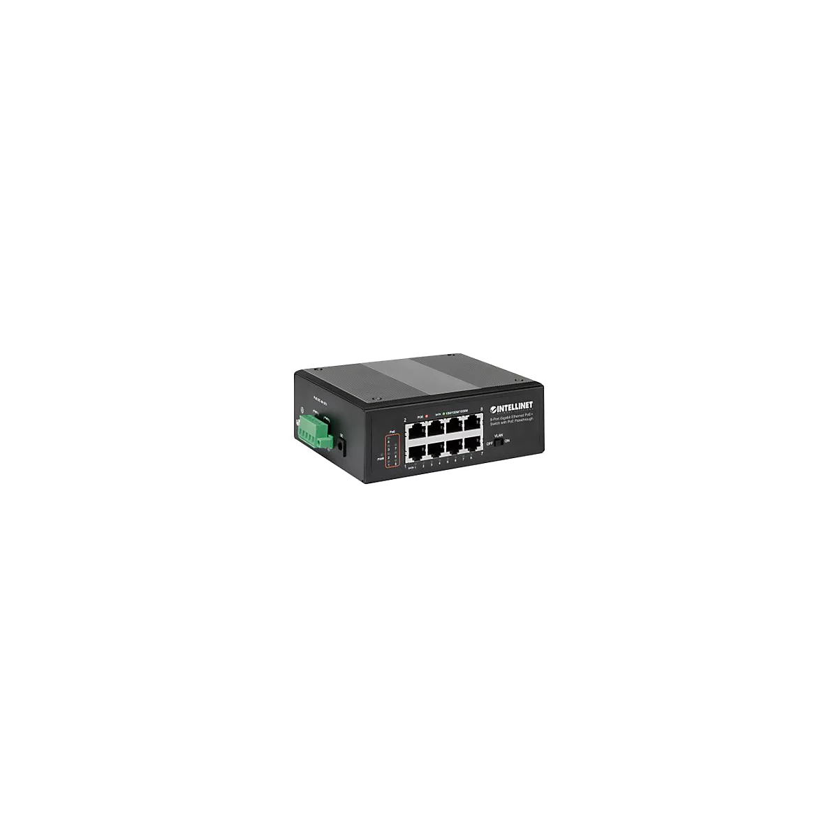 Schwarzer Netzwerk-Switch mit acht Ports, grauen Streifen und grÃ¼nen AnschlÃ¼ssen.