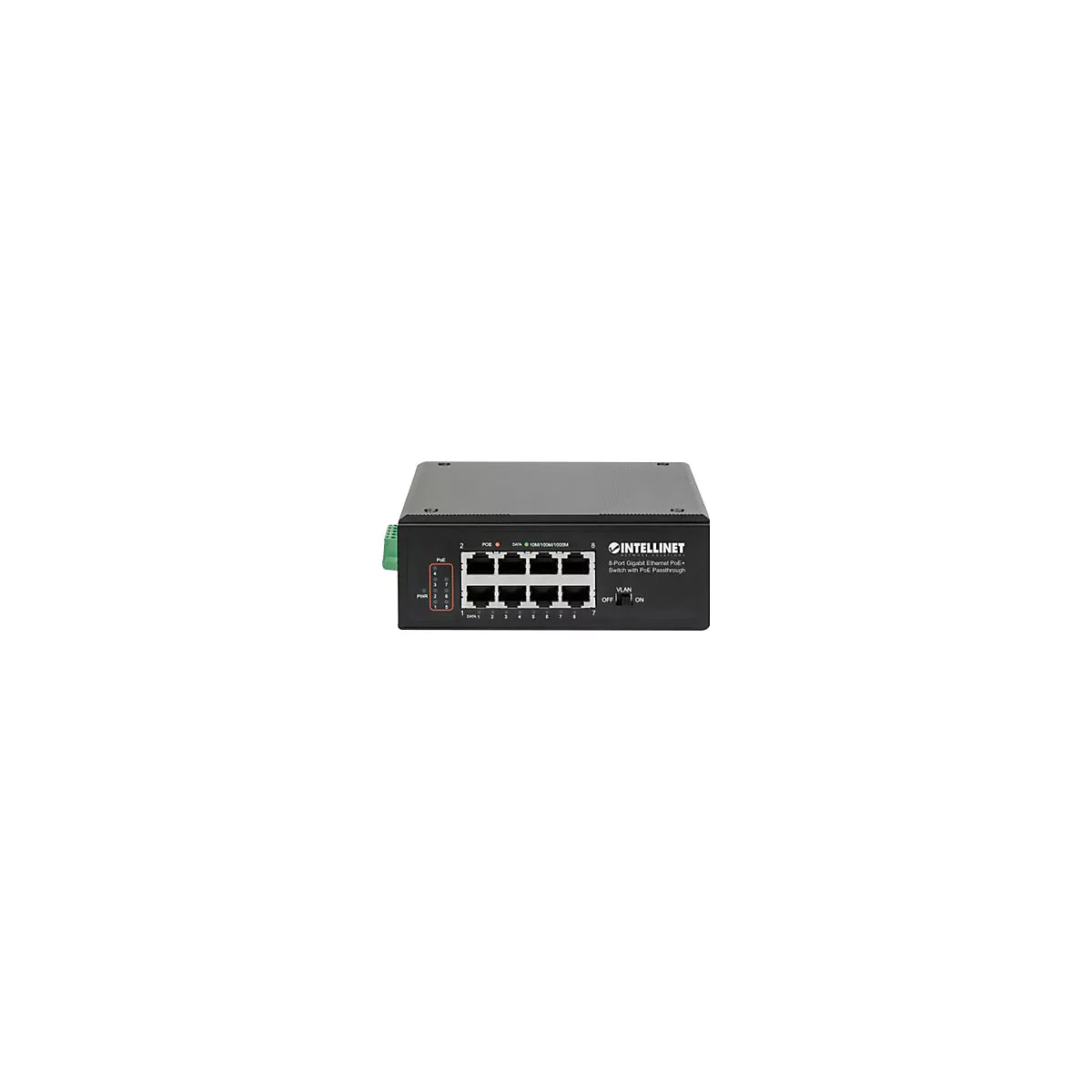 Ein schwarzer 8-Port Gigabit Ethernet PoE+ Switch. Auf der Vorderseite befinden sich Ports, Anzeigen und ein Schalter. Die Marke ist Intellinet.