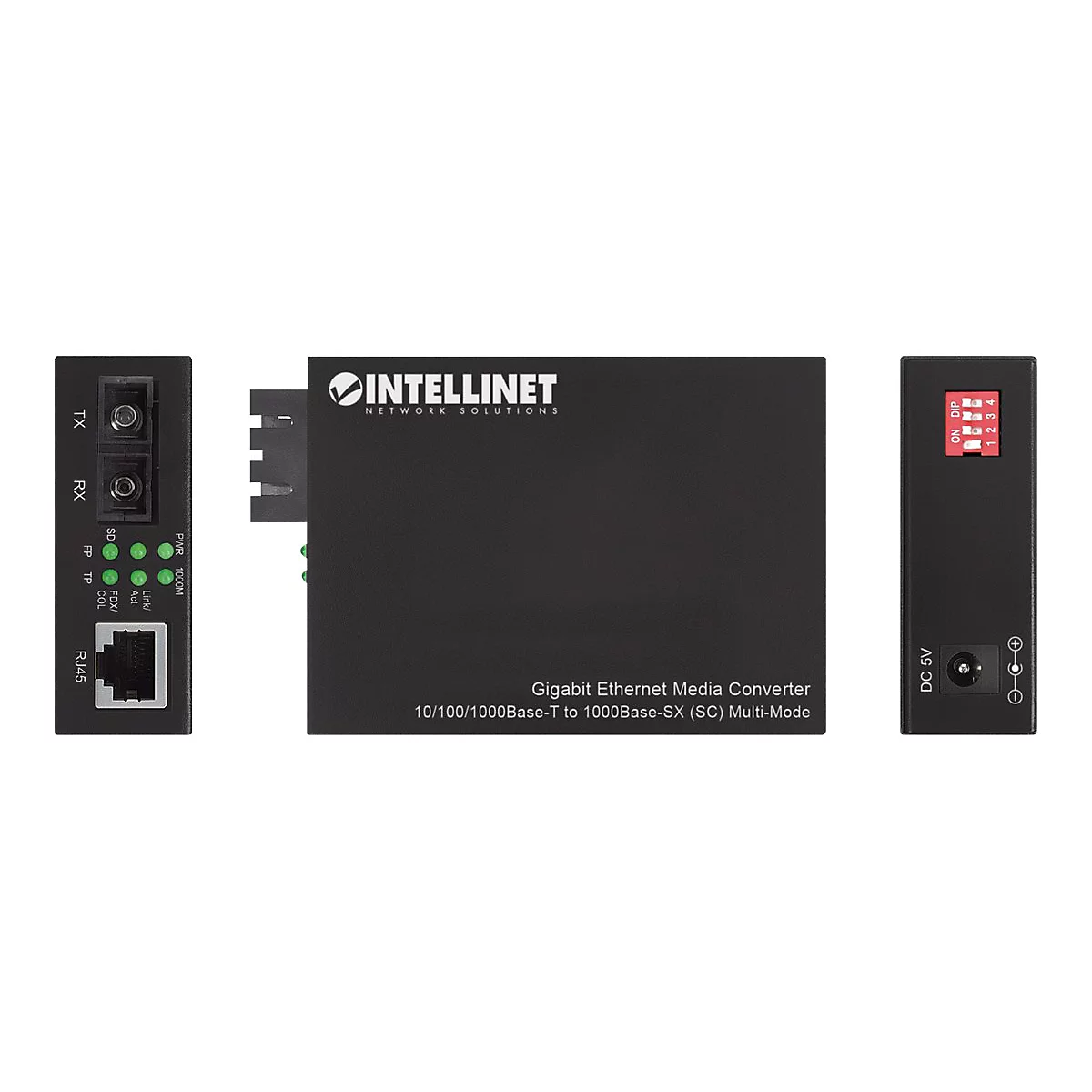 Schwarzer Intellinet Gigabit Ethernet Media Converter in drei Ansichten mit Anschlüssen, LEDs und DIP-Schaltern.