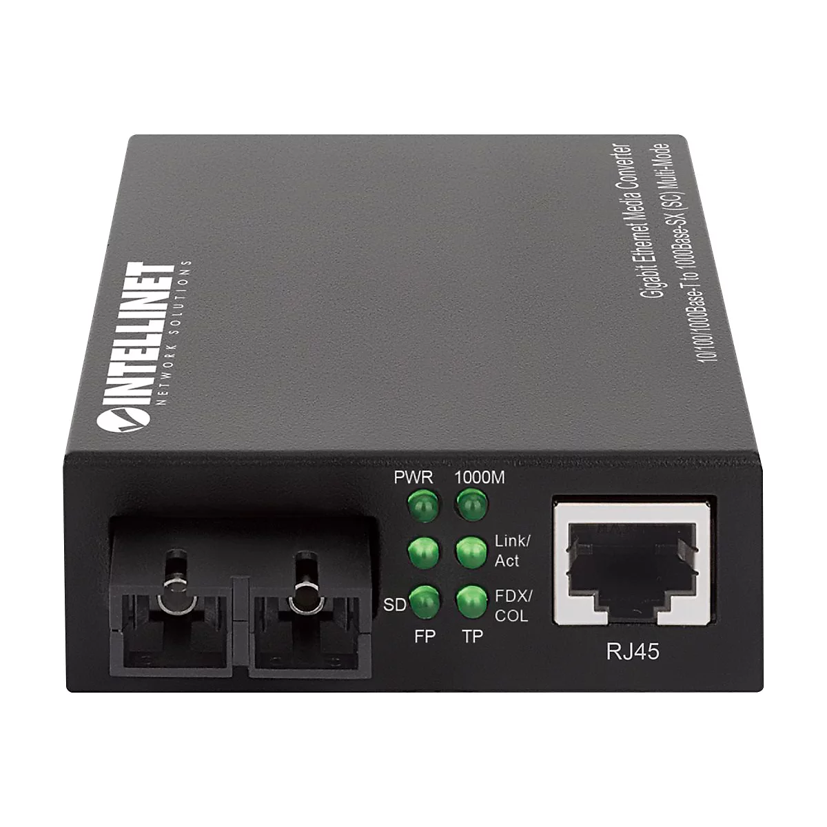Schwarzer Intellinet Gigabit Ethernet Medienkonverter mit SC-Anschluss und RJ45-Port sowie LED-Statusanzeigen.