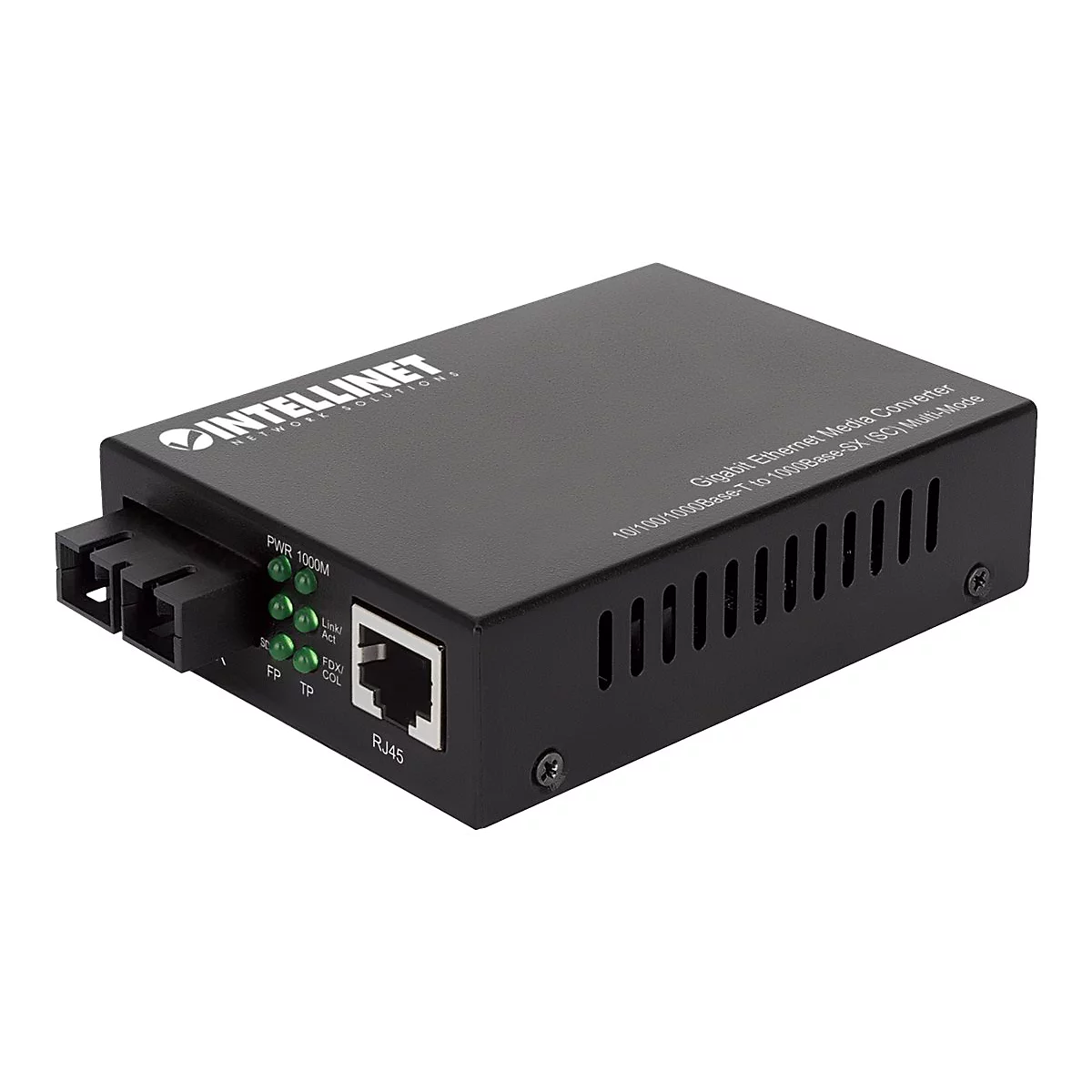 Schwarzer Intellinet Gigabit Ethernet Media Converter mit Glasfaser- und RJ45-Anschluss vor weißem Hintergrund.