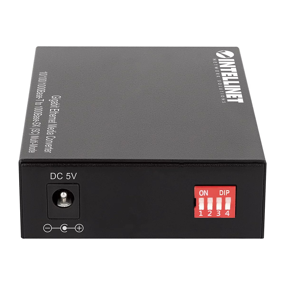 Schwarzer Intellinet Gigabit Ethernet Medienkonverter mit DC 5V Anschluss und rotem 4-fach DIP-Schalter.