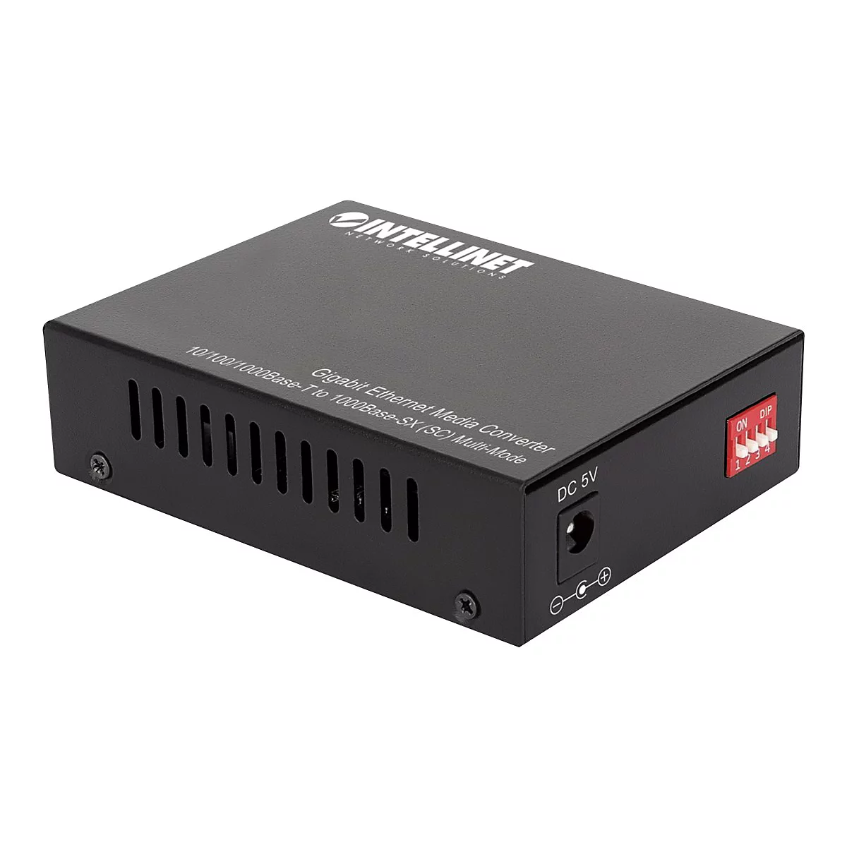 Schwarzer Intellinet Gigabit Ethernet Media Converter in Metallgehäuse mit Stromanschluss und DIP-Schaltern.