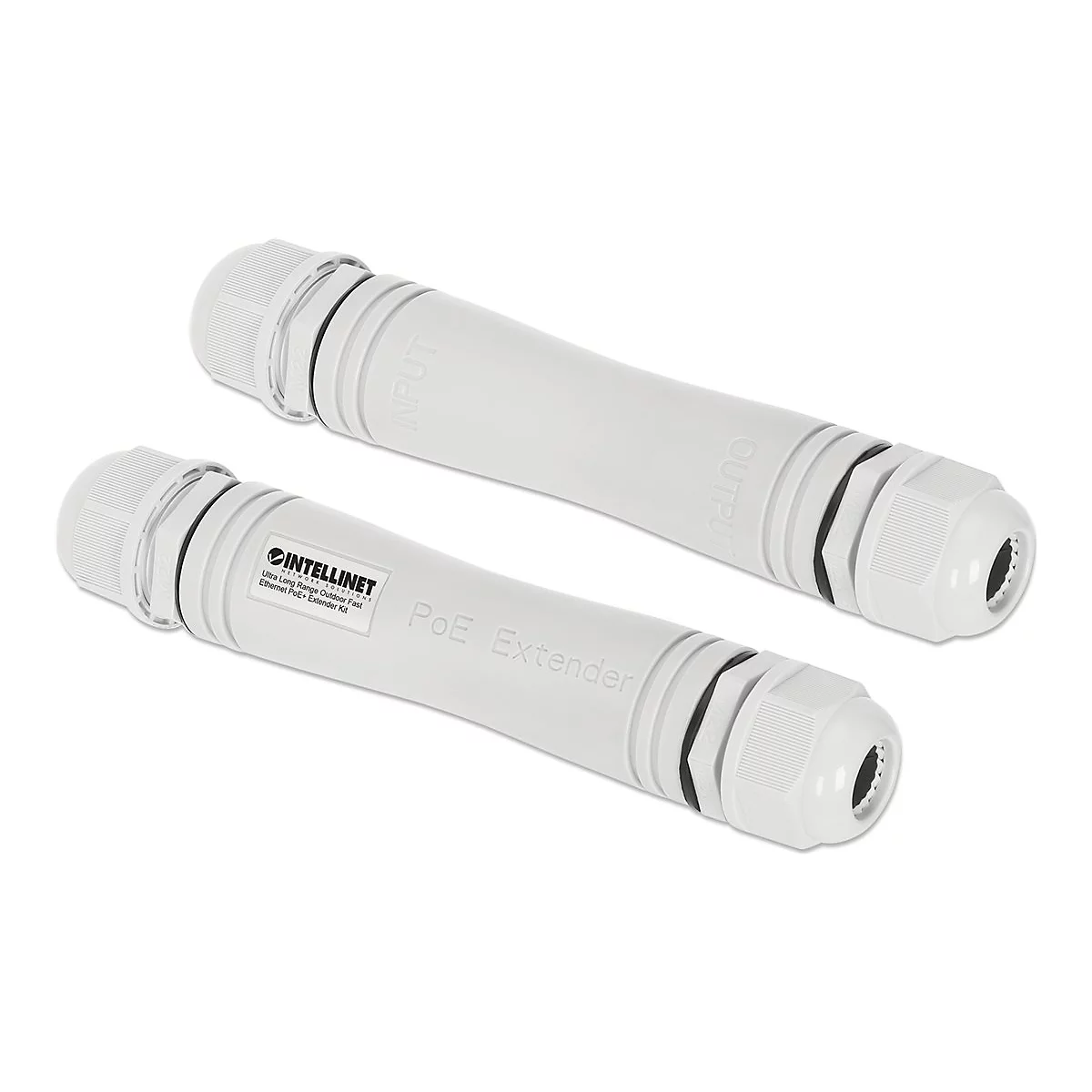 Zwei graue, zylindrische Intellinet Outdoor PoE-Extender vor weißem Hintergrund.