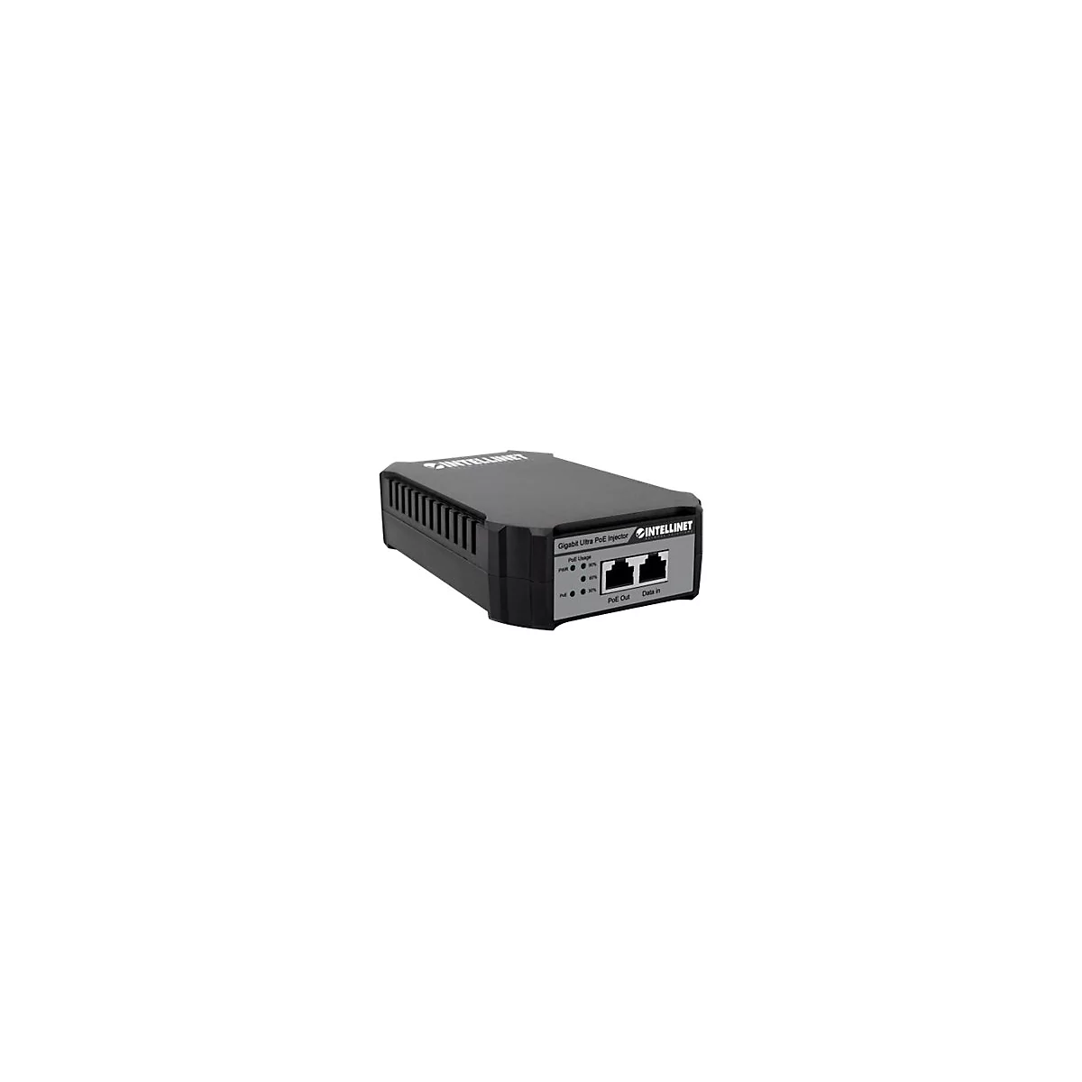 Schwarzer Gigabit Ultra PoE Injektor mit zwei Ethernet-AnschlÃ¼ssen und LED-Anzeigen auf weiÃŸem Hintergrund. Aufschrift: INTELLINET.