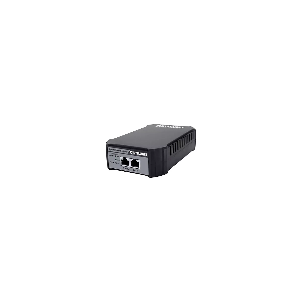 Schwarzer PoE-Injektor von Intellinet. Grau beschriftet mit Ports und LED-Anzeigen. Auf weiÃŸem Hintergrund.