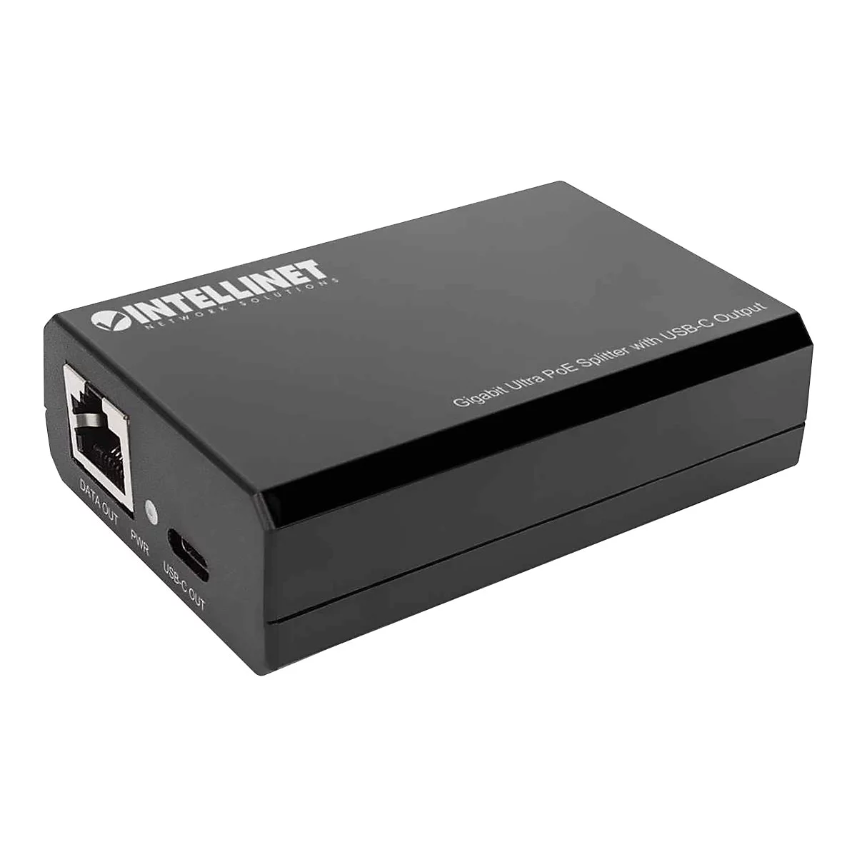 Schwarzer Gigabit Ultra PoE Splitter mit USB-C-Ausgang von Intellinet Network Solutions.