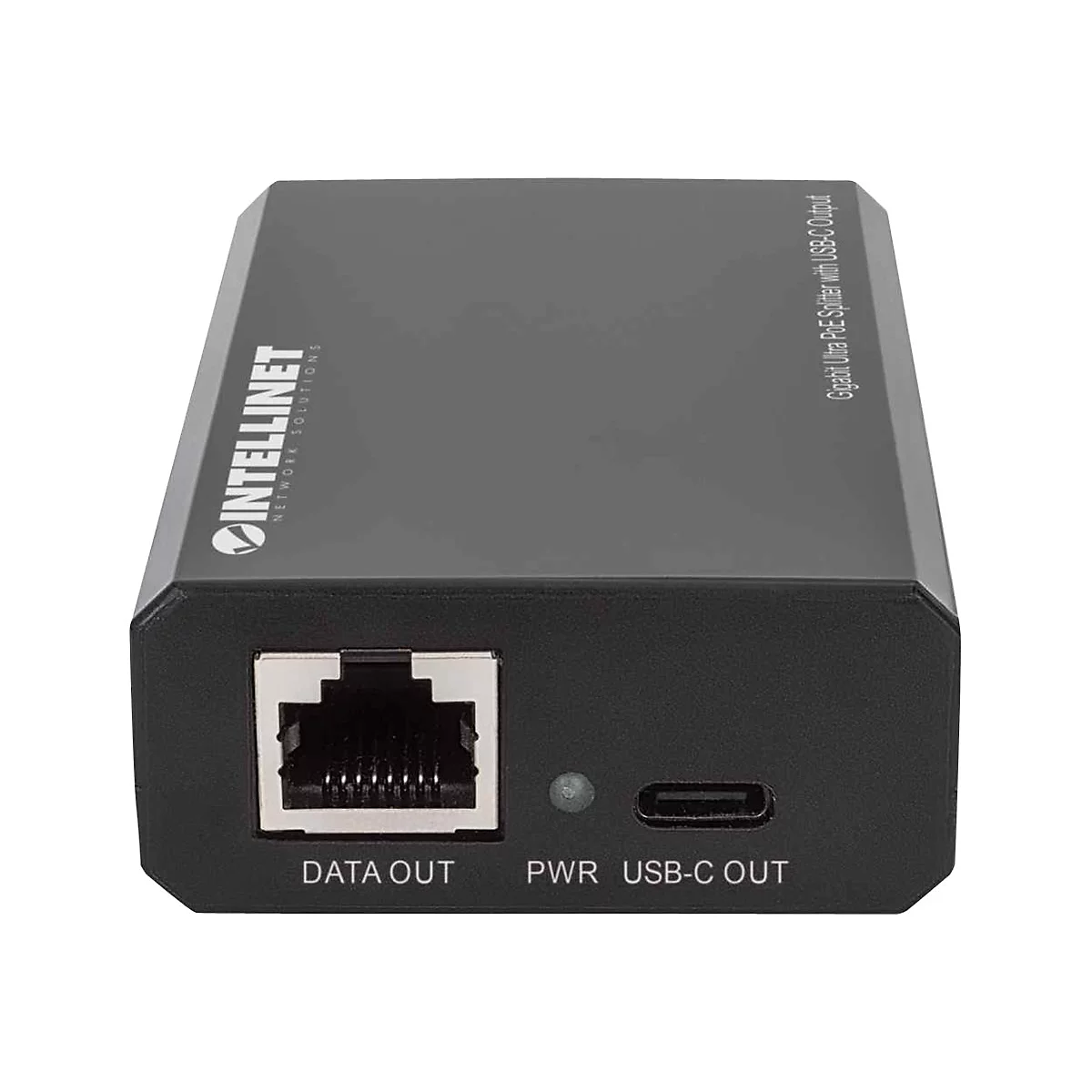 Schwarzer Intellinet PoE Splitter mit einem Ethernet-Anschluss, USB-C-Ausgang und einer Power-LED.