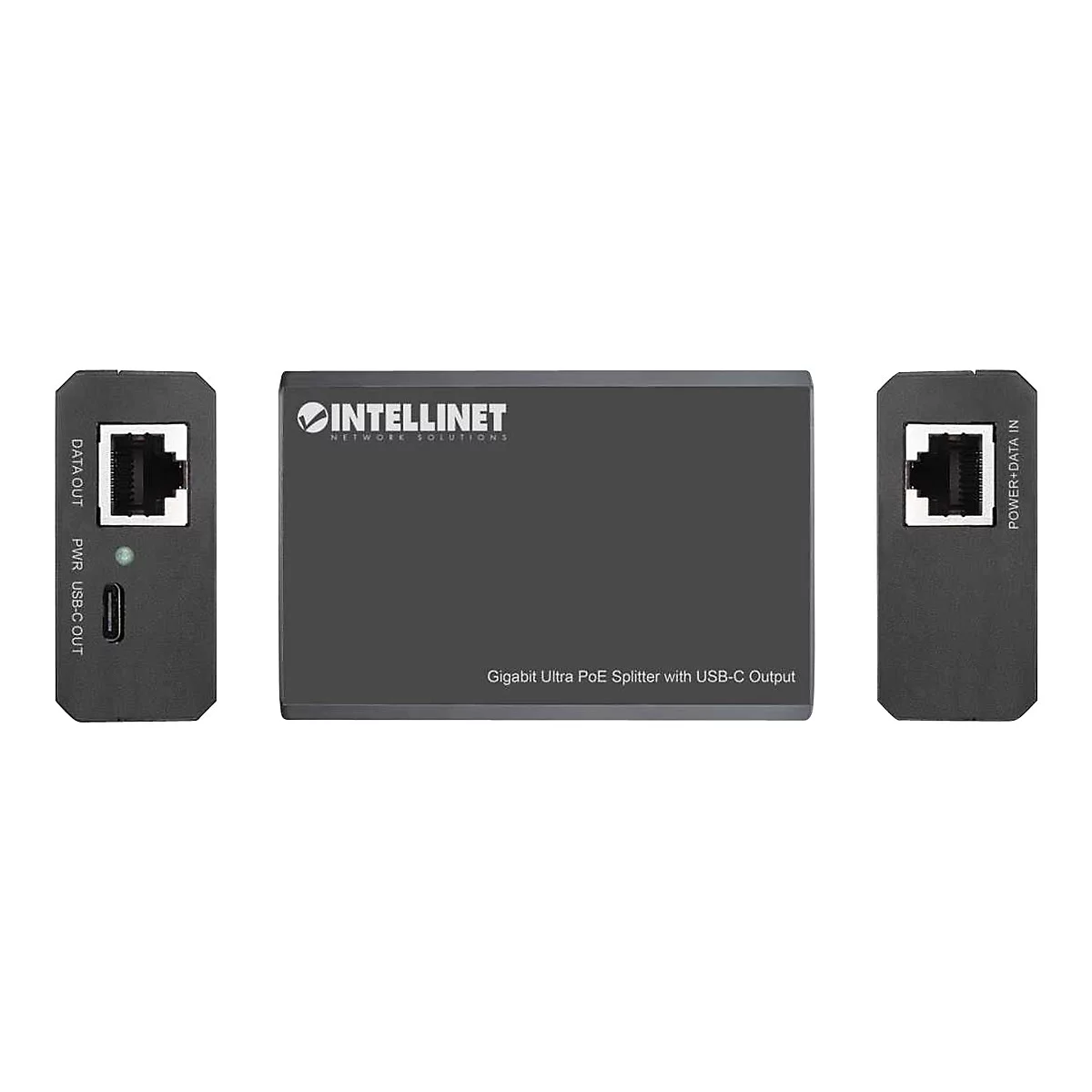 Ein Intellinet Gigabit Ultra PoE Splitter mit USB-C Ausgang, Vorder- und Seitenansichten auf weißem Grund.