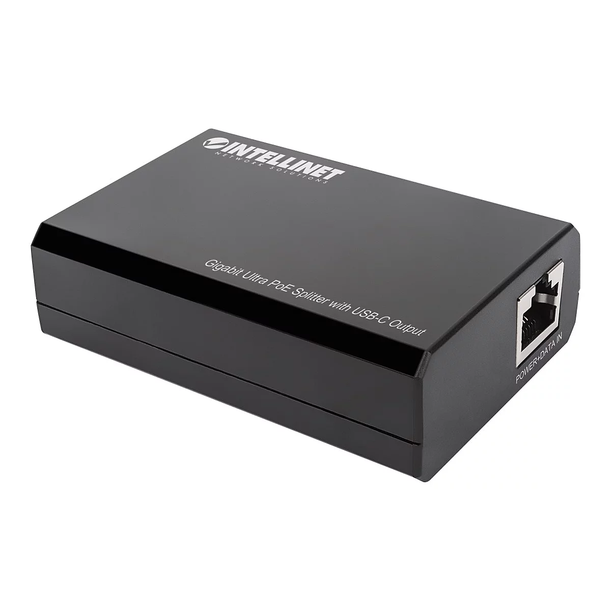 Schwarzer Intellinet Gigabit Ultra PoE Splitter mit USB-C Ausgang vor weißem Hintergrund.