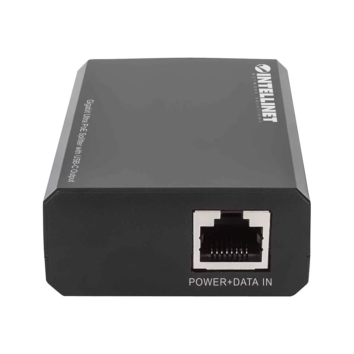 Schwarzer Intellinet Gigabit PoE Splitter mit USB-C-Ausgang, Portansicht "Power+Data In".