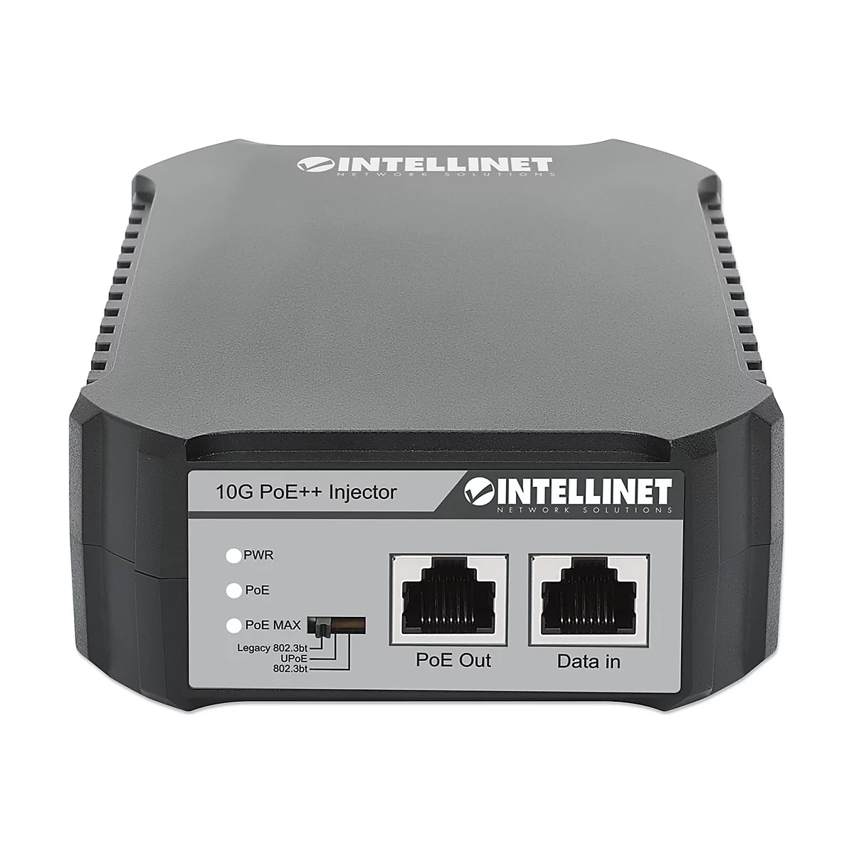 Schwarzer 10G PoE++ Injektor von Intellinet mit Anschlüssen für PoE Out und Data In vor weißem Hintergrund.