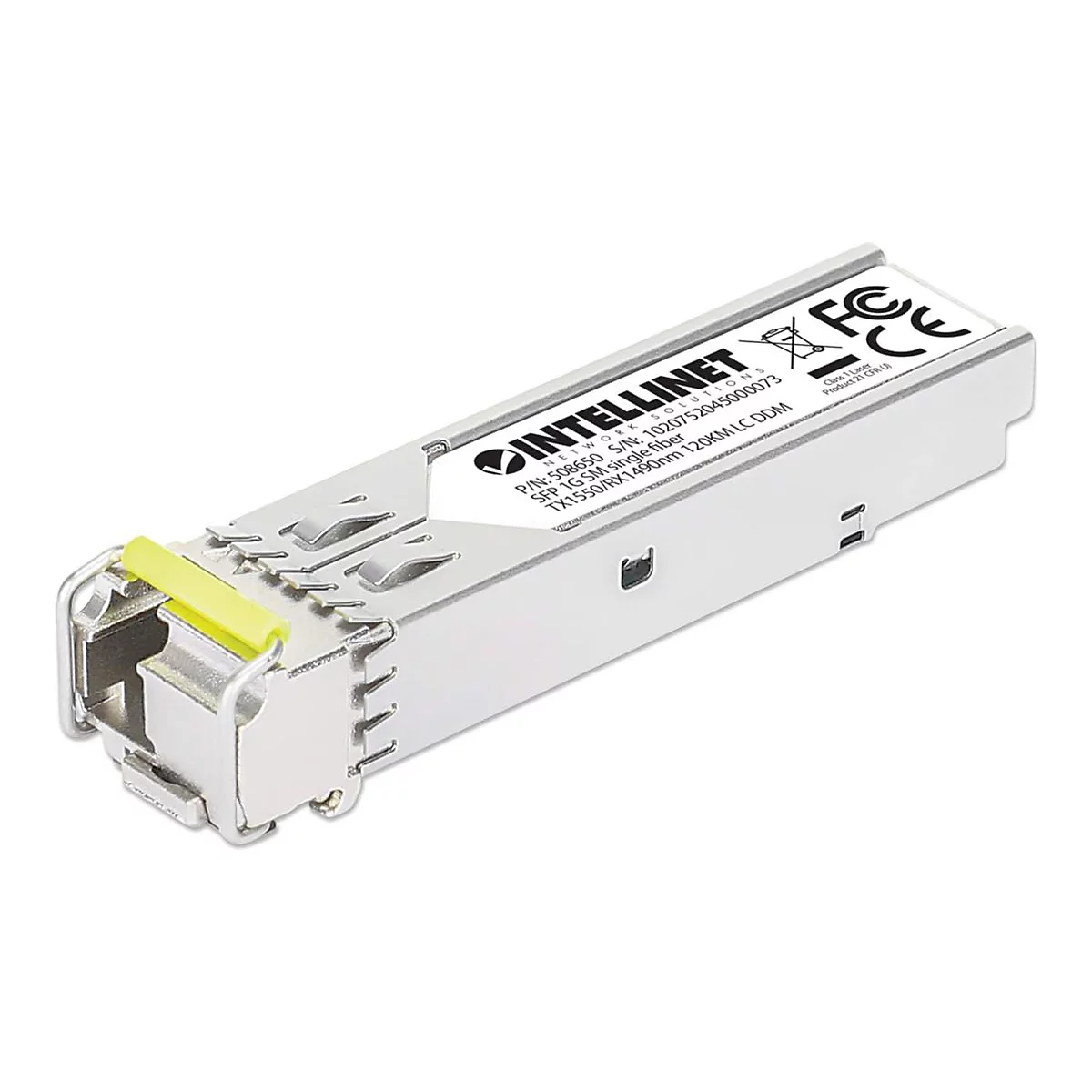 Ein metallisches SFP-Transceiver-Modul von Intellinet mit einem gelben Entriegelungshebel vor weißem Hintergrund.