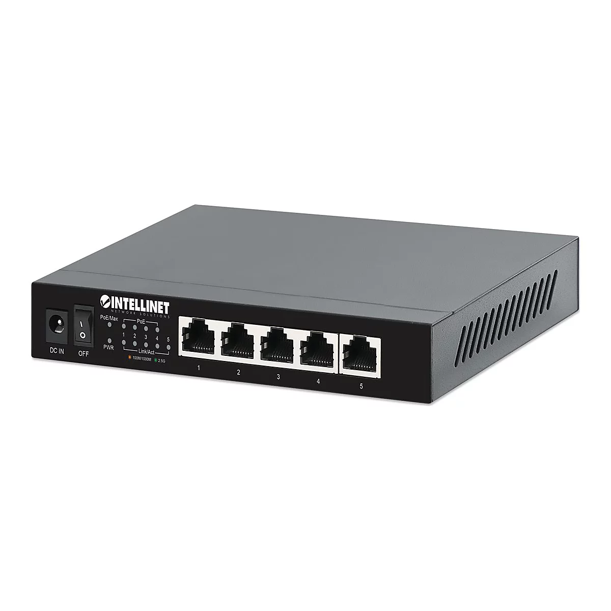 Schwarzer Intellinet 5-Port PoE+ Gigabit-Switch mit RJ45-Anschlüssen auf weißem Hintergrund.