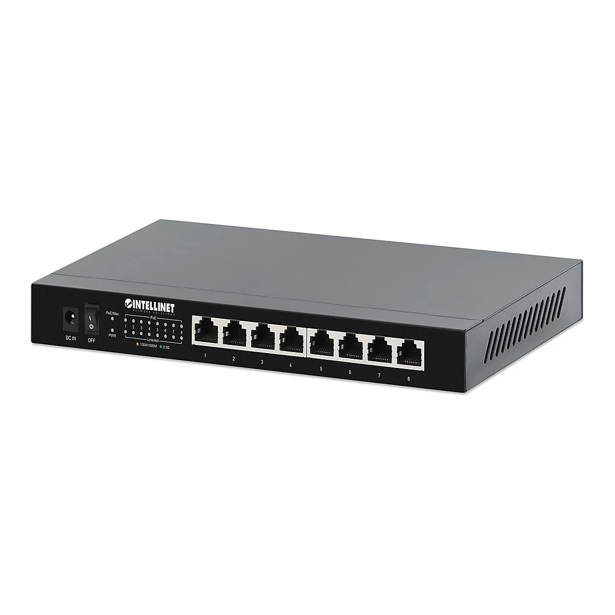 Schwarzer 8-Port Intellinet Netzwerk-Switch vor weißem Hintergrund.