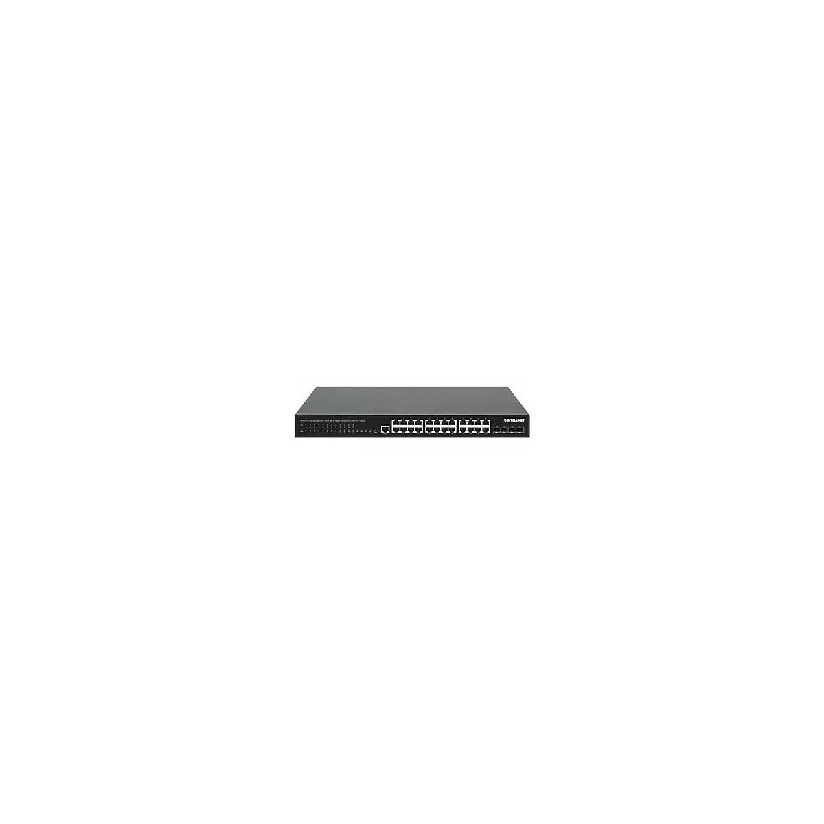Schwarzer 24-Port Gigabit Ethernet Switch von Intellinet mit Status-LEDs und SFP-Anschlüssen.