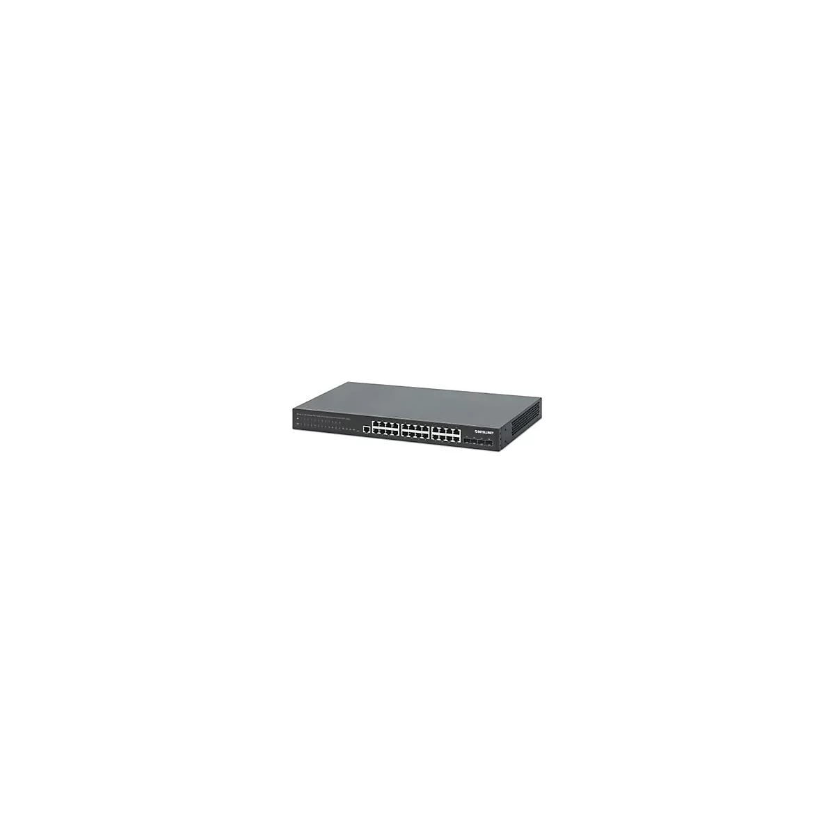 Schwarzer Intellinet Netzwerk-Switch mit 24 Ports vor weißem Hintergrund.