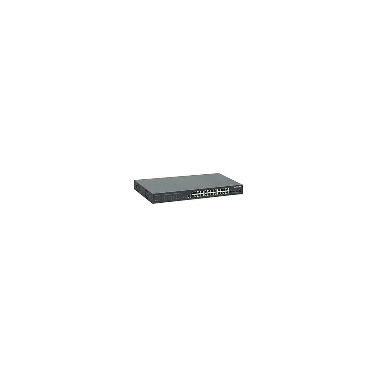 Schwarzer Intellinet Netzwerk-Switch mit 24 RJ45-Ports und LED-Anzeigen auf weißem Hintergrund.