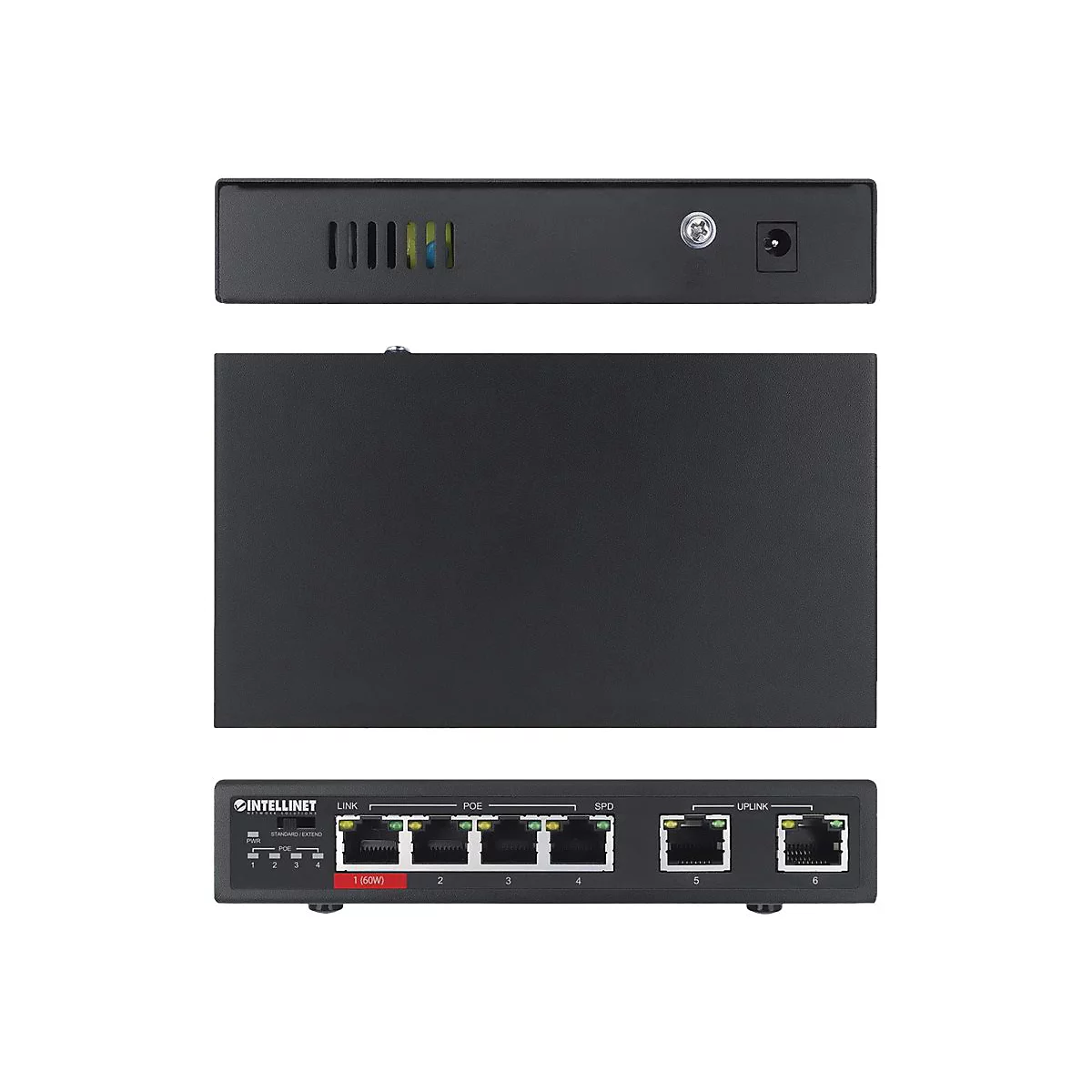 Schwarzer Intellinet PoE-Switch mit Front- und Rückansicht auf weißem Hintergrund.