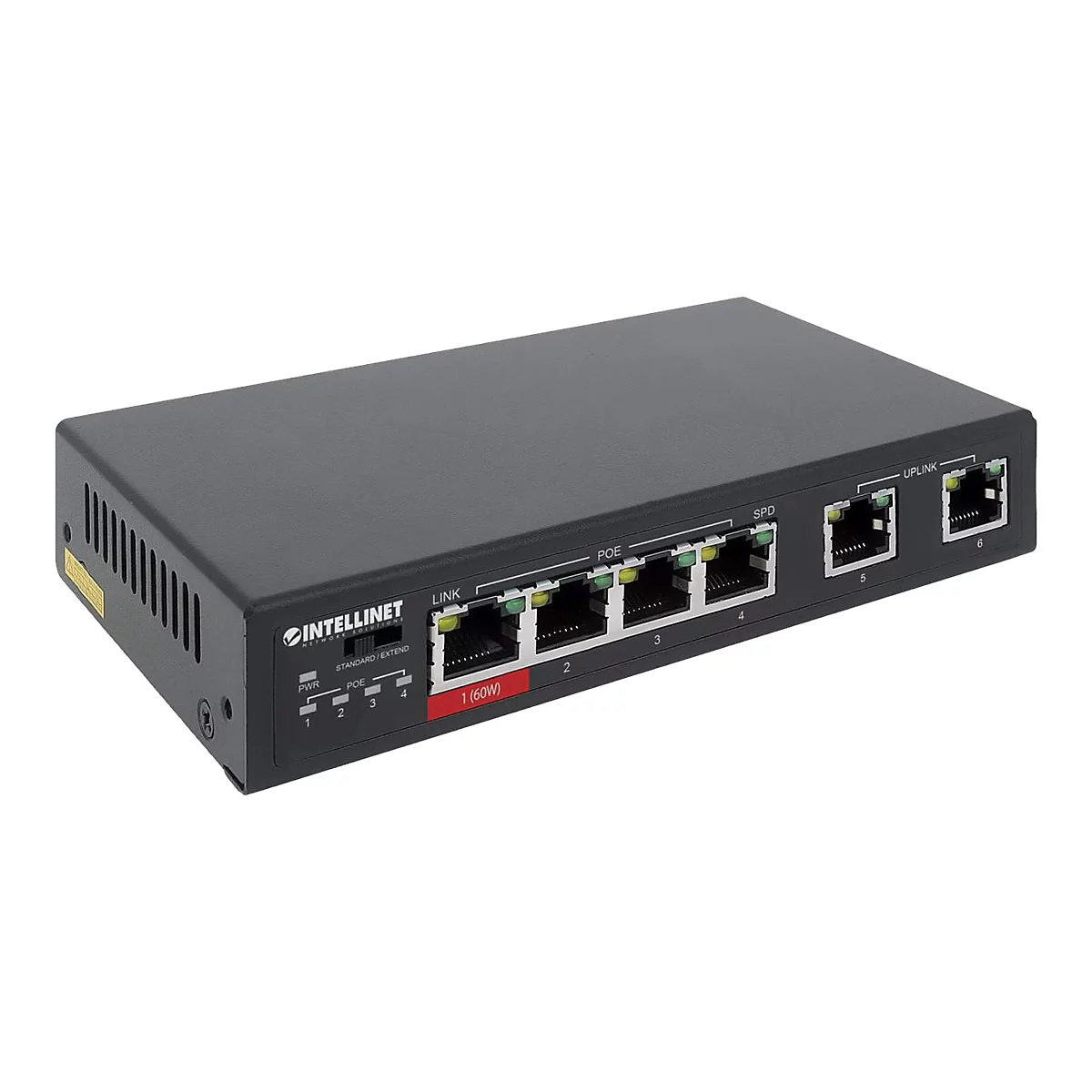 Schwarzer Intellinet PoE-Netzwerk-Switch mit sechs Anschlüssen vor weißem Hintergrund.