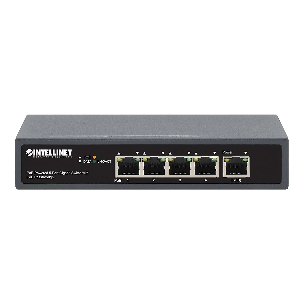 Grauer Intellinet 5-Port Gigabit-Switch mit PoE-Passthrough, Vorderansicht mit Netzwerkanschlüssen.