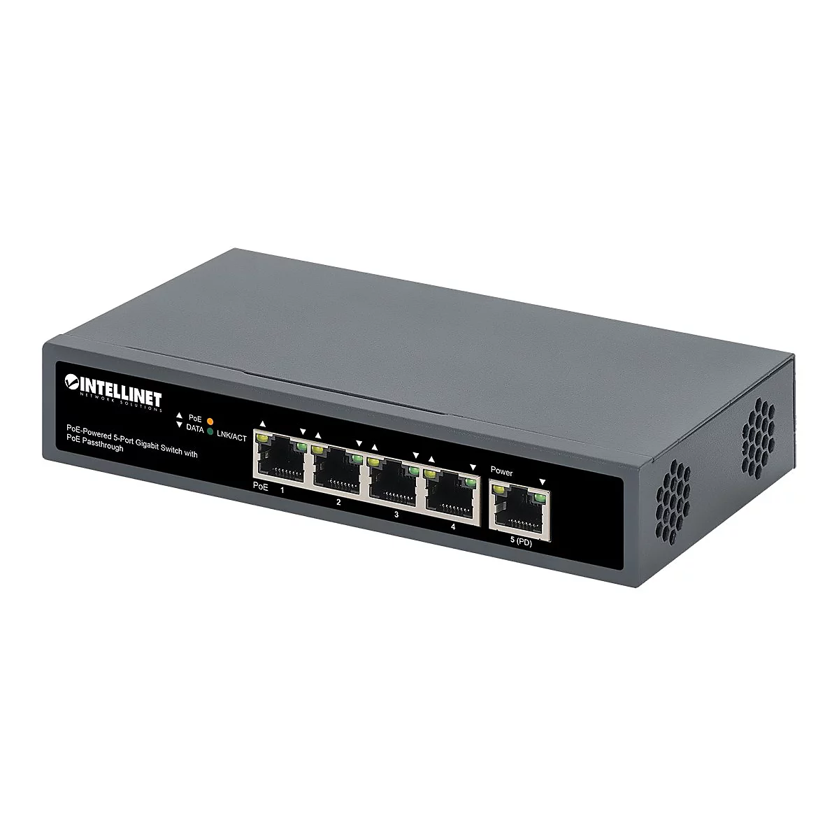 Ein grauer Intellinet 5-Port Gigabit-Switch mit PoE-Passthrough vor weißem Hintergrund.