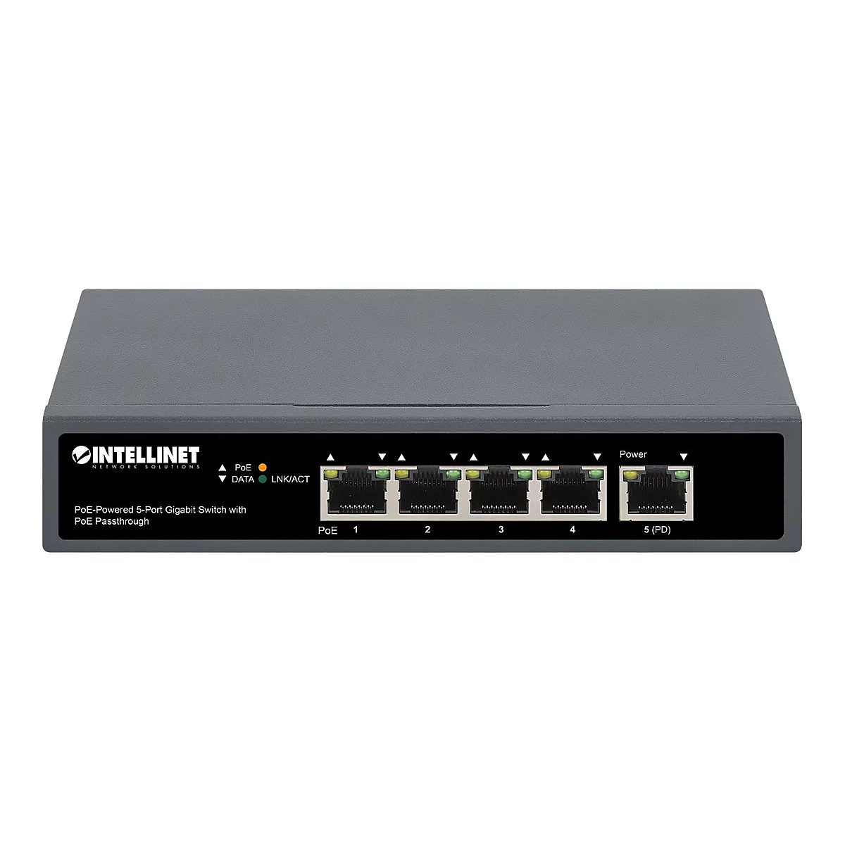 Grauer 5-Port Gigabit Switch von Intellinet mit PoE-Funktion auf weißem Hintergrund.