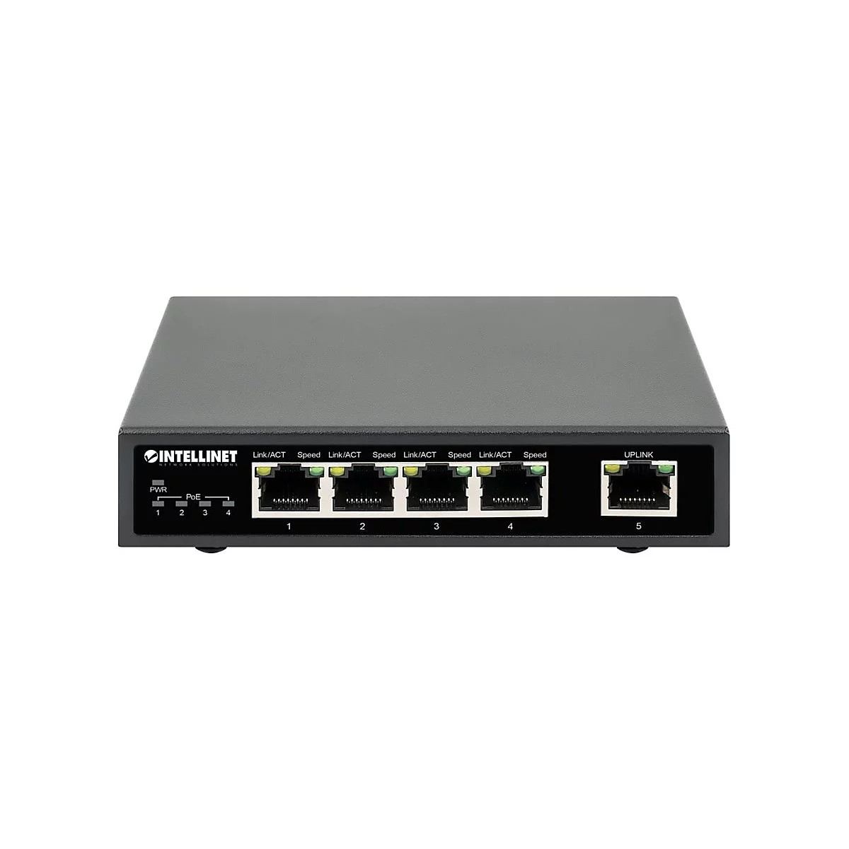 Schwarzer Intellinet Netzwerk-Switch mit fünf Anschlüssen vor weißem Hintergrund.