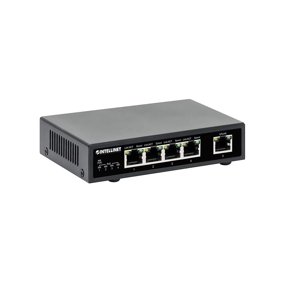 Schwarzer Intellinet PoE Netzwerk-Switch mit vier PoE-Ports, einem Uplink-Port und Status-LEDs.