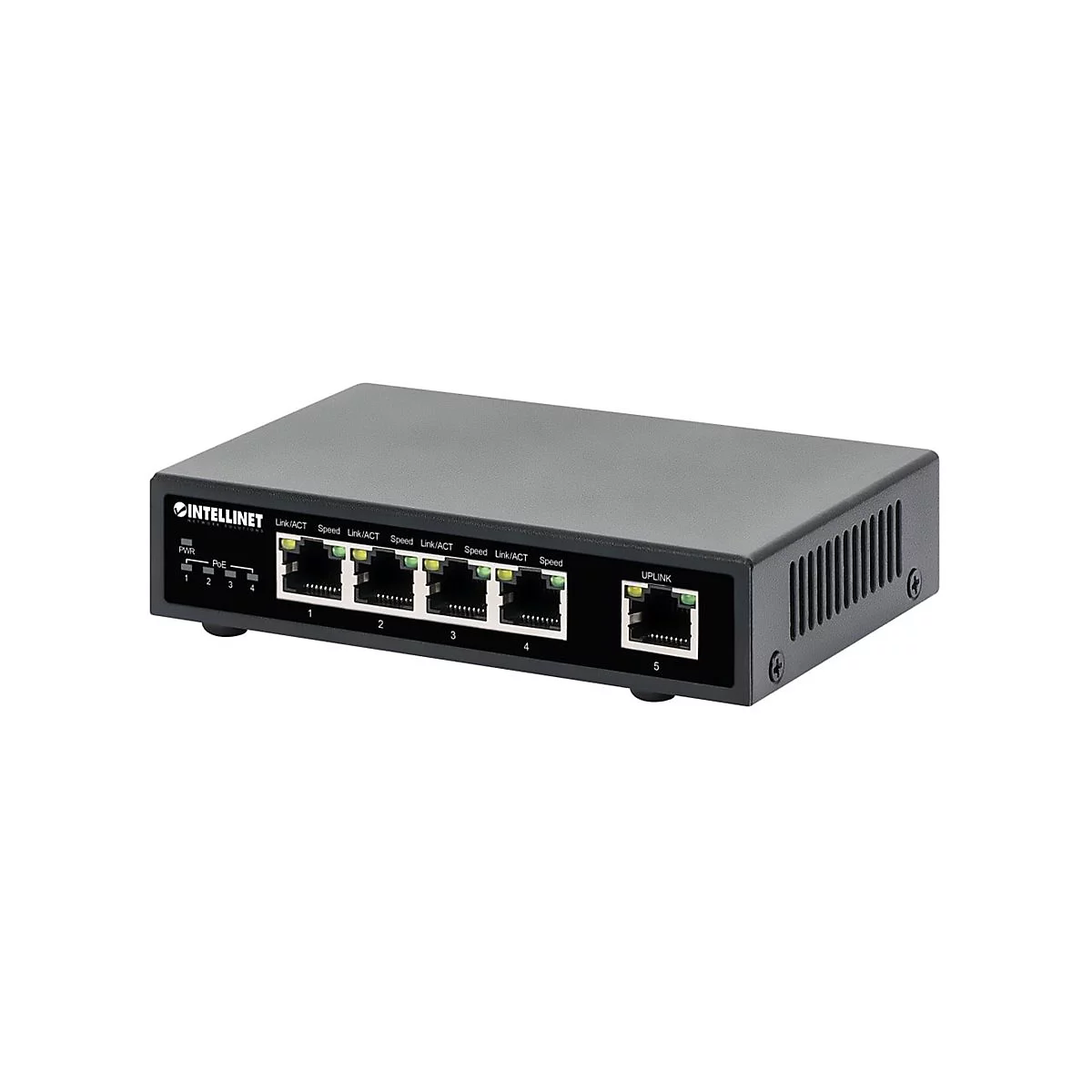 Schwarzer Intellinet PoE-Netzwerk-Switch mit vier Ports und einem Uplink-Port vor weißem Hintergrund.